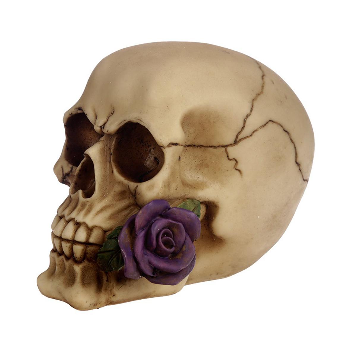 Gissed Figura Decorativa de Calavera con Rosas Moradas – Escultura en Resina con Acabado Envejecido y Detalles Realistas, Estilo Gótico y Vintage, Ideal para Decoración del Hogar, Oficinas, Coleccionistas, Amantes del Arte Oscuro, el Misticismo y la Cultu