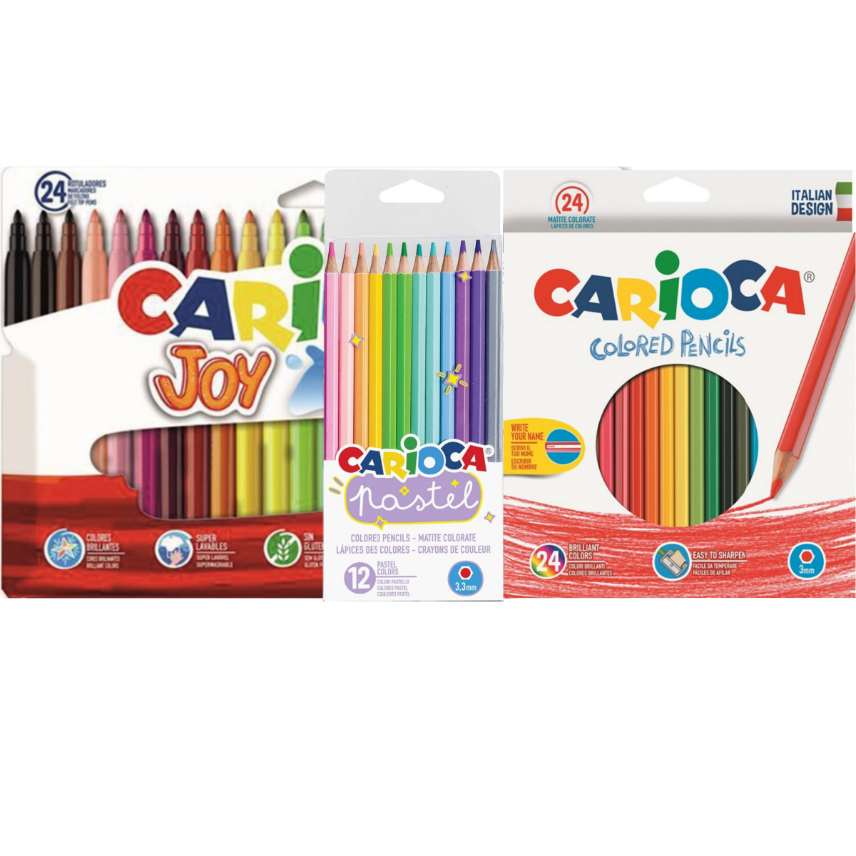 Pack de 60pcs Carioca Rotuladores Joy Finos y con Punta Bloqueada de 2,6 mm con Tinta Lavable 24 Colores, Lapices Pastel 12 Colores Y Lapices 24 Colores