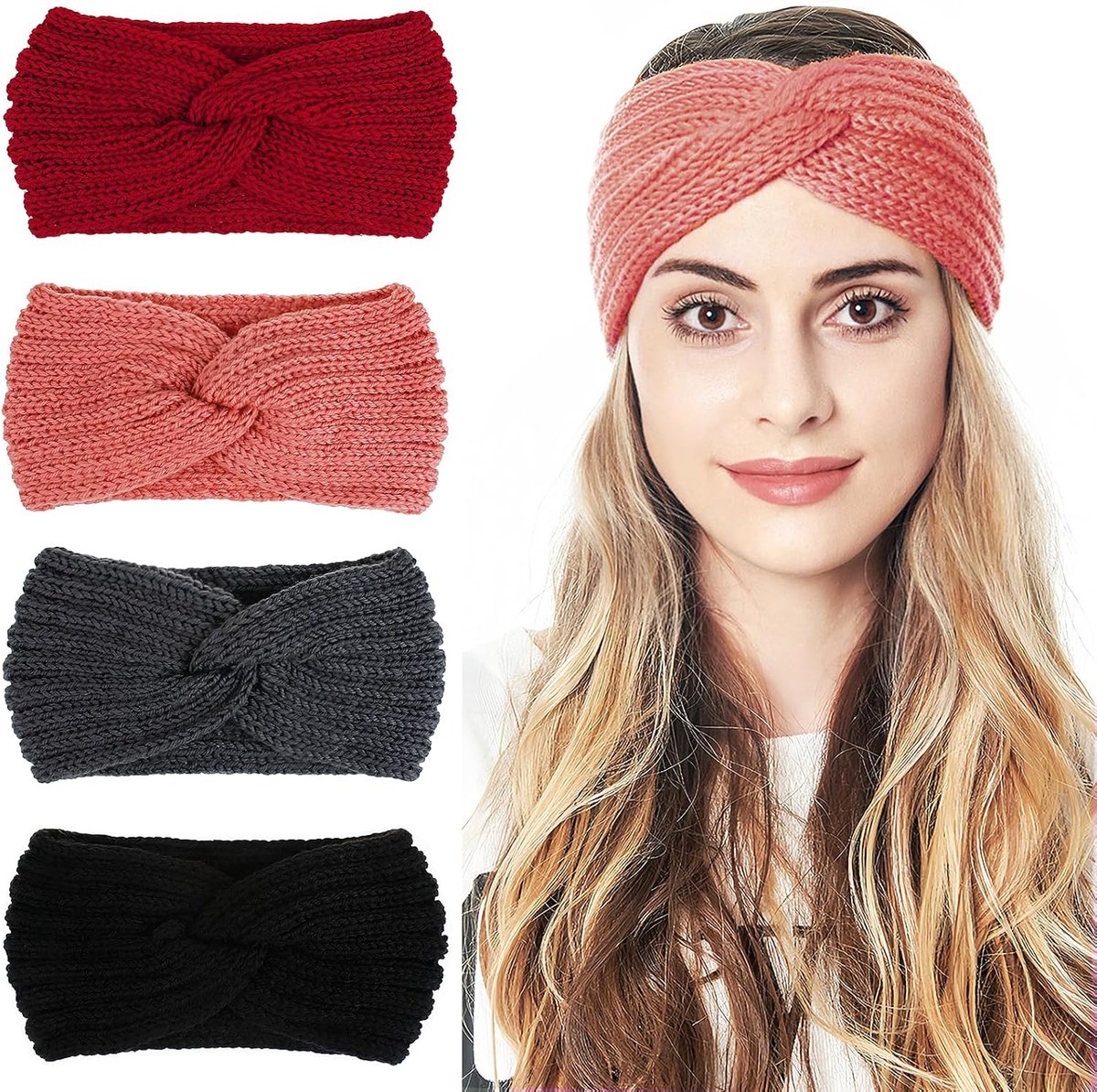 Diadema - 4 diademas de invierno - Orejeras - Moda - Calentador de orejas - Anudadas a mano - Hermosas y duraderas - Diadema elástica - 4 colores - 21*11cm