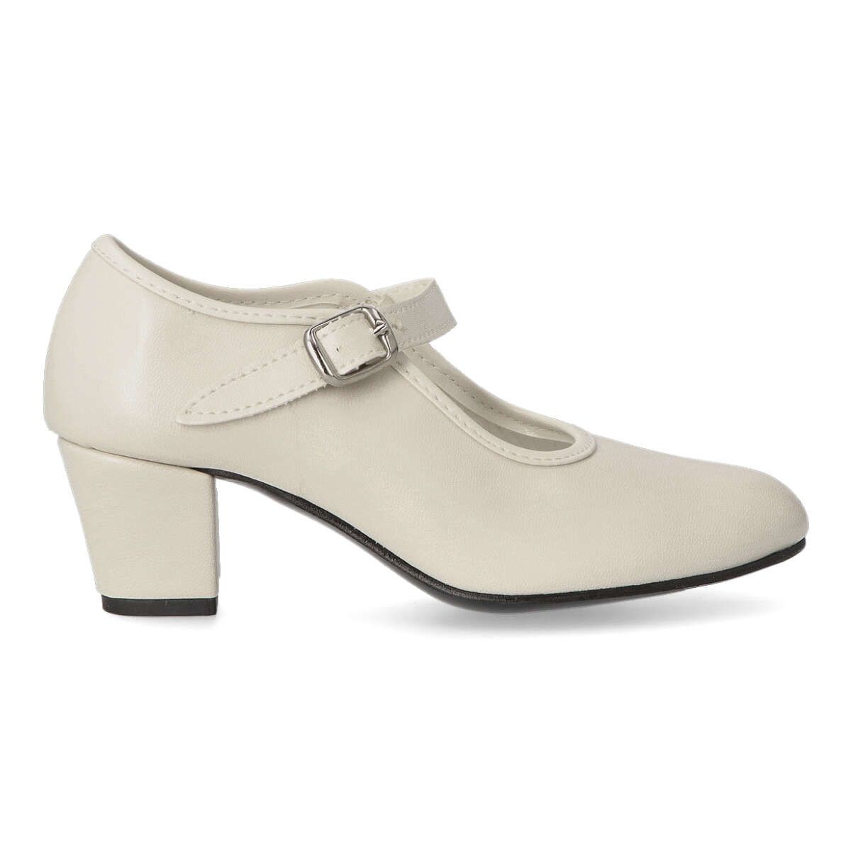 Peke's by Vanessa - Zapatos flamenca para feria y romería, estilo gitano beige con hebilla elegante y tacón medio de 3,5 a 5 cm