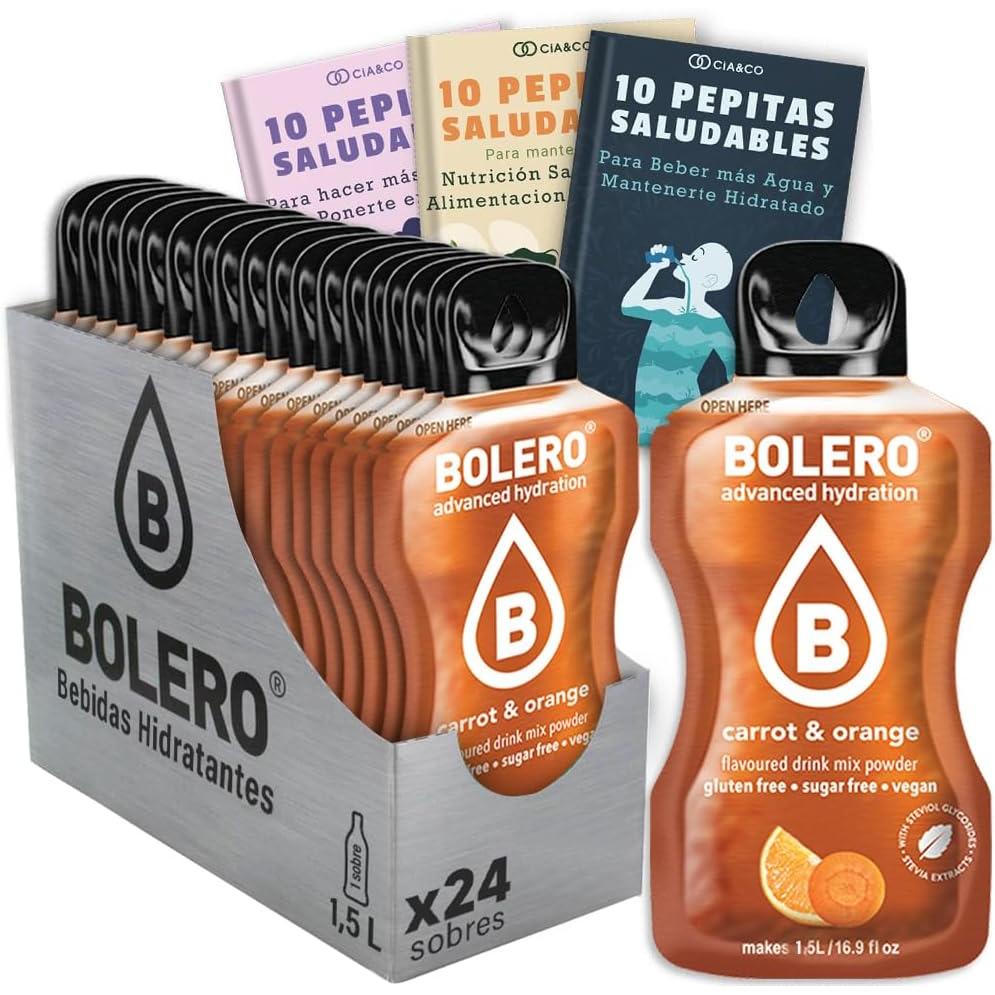 Caja de 24 sobres de Bolero Zanahoria y Naranja, una bebida hidratante sin azúcar enriquecida con vitaminas. Incluye 30 Pepitas Saludables exclusivas de Cia&Co.