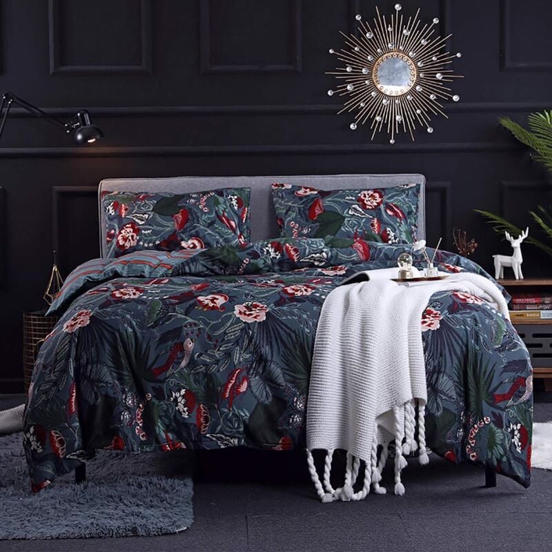 CA Funda nórdica 200x200 Azul Medianoche - Juego de cama con estampado floral rosa y cierre de cremallera - Sábanas reversibles para 2 adultos con 2 fundas de almohada de 50x75 cm
