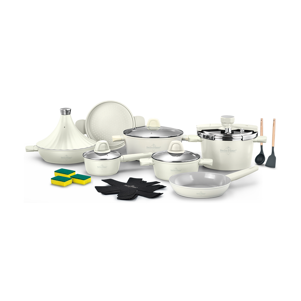 Juego de utensilios de cocina de inducción Swiss Haus® GPC3020B - Juego de 20 piezas - Libre de PFAS - Incluye sartén, ollas, cacerola, olla a presión, cesta vaporera y tagine - Apto para todo tipo de fuentes de calor - Juego completo con revestimiento ce