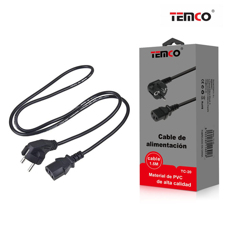 TEMCO Cable de Alimentación con 3 agujeros, Fuente de Alimentacion CPU 3 Pines a Prueba de Choque Enchufe Tipo F (CEE 7/4) 90° en Ángulo en Toma de Entrada C13 Enchufe para Cargador Ordenador Monitor Impresora Proyector Arrocero Flash de Fotografia, 1.5m