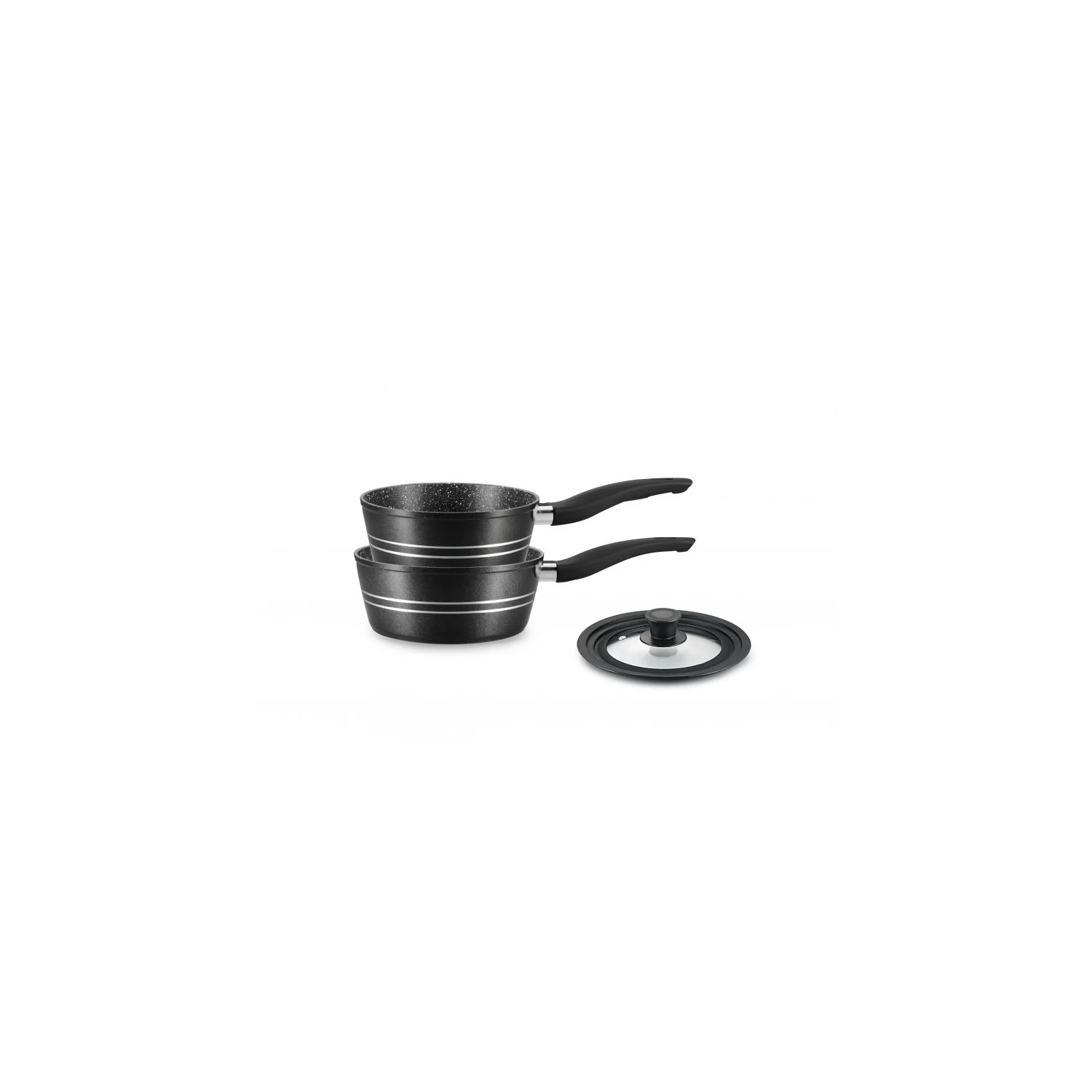 Juego de 2 cacerolas con revestimiento de mármol negro y tapas de vidrio, Royalty Line Rlfs2m-blk