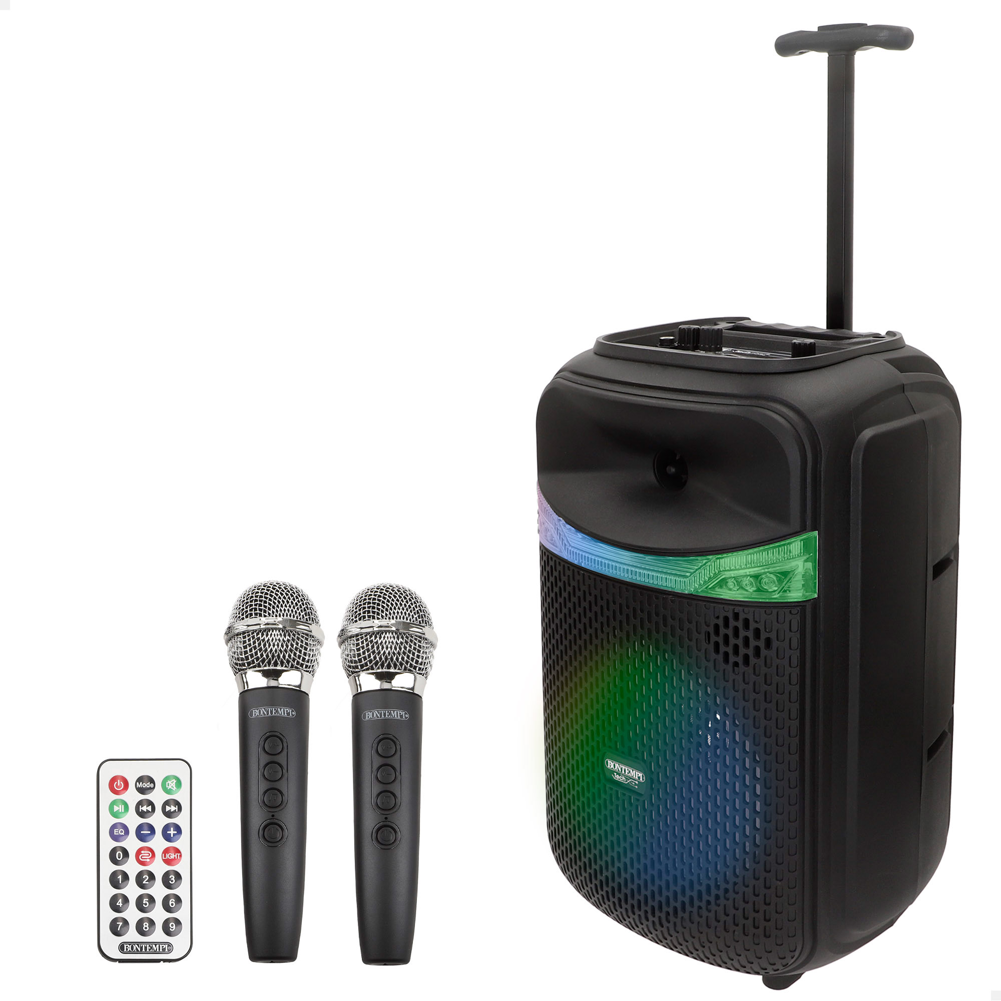Bontempi - Altavoz karaoke con micrófono, 50W de potencia, luces RGB, conexión inalámbrica, USB, microSD, radio, función estéreo, batería recargable, formato portátil Ø12x18 cm, ideal para fiestas y eventos, con ranura para móvil