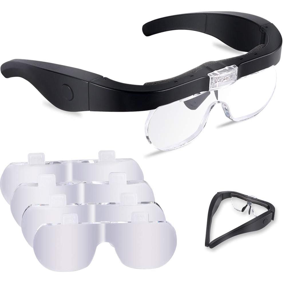Gafas de Lupa con luz, de 1,5 a 5 aumentos, Lentes extraíbles, con Soporte para la Cabeza, con 2 Luces led, para aficiones, electricistas, joyeros, Costura, Manualidades y Personas Mayores