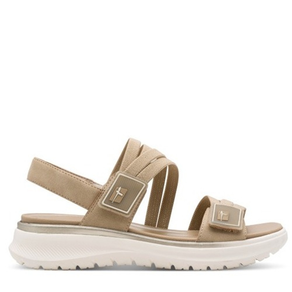 Cómoda  Sandalia Tamaris Comfort 88734 de mujer, con elásticos beig, ajuste con velcro y plantilla extraible acolchada. Diseño ligero, cómodo y versátil para diario. Altura Tacón bajo (3-5 cm) Referencia