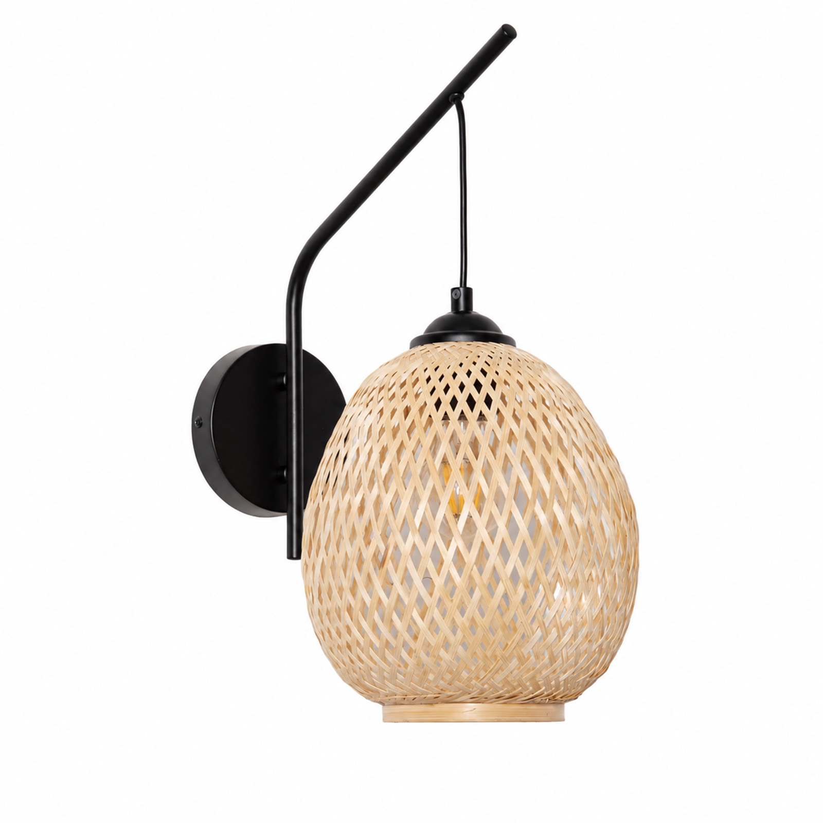 ALPINALUZ Aplique de Pared de Bambú Natural con Brazo Negro Curvo, Pantalla Tejida D20 cm, Casquillo E27 para Dormitorio