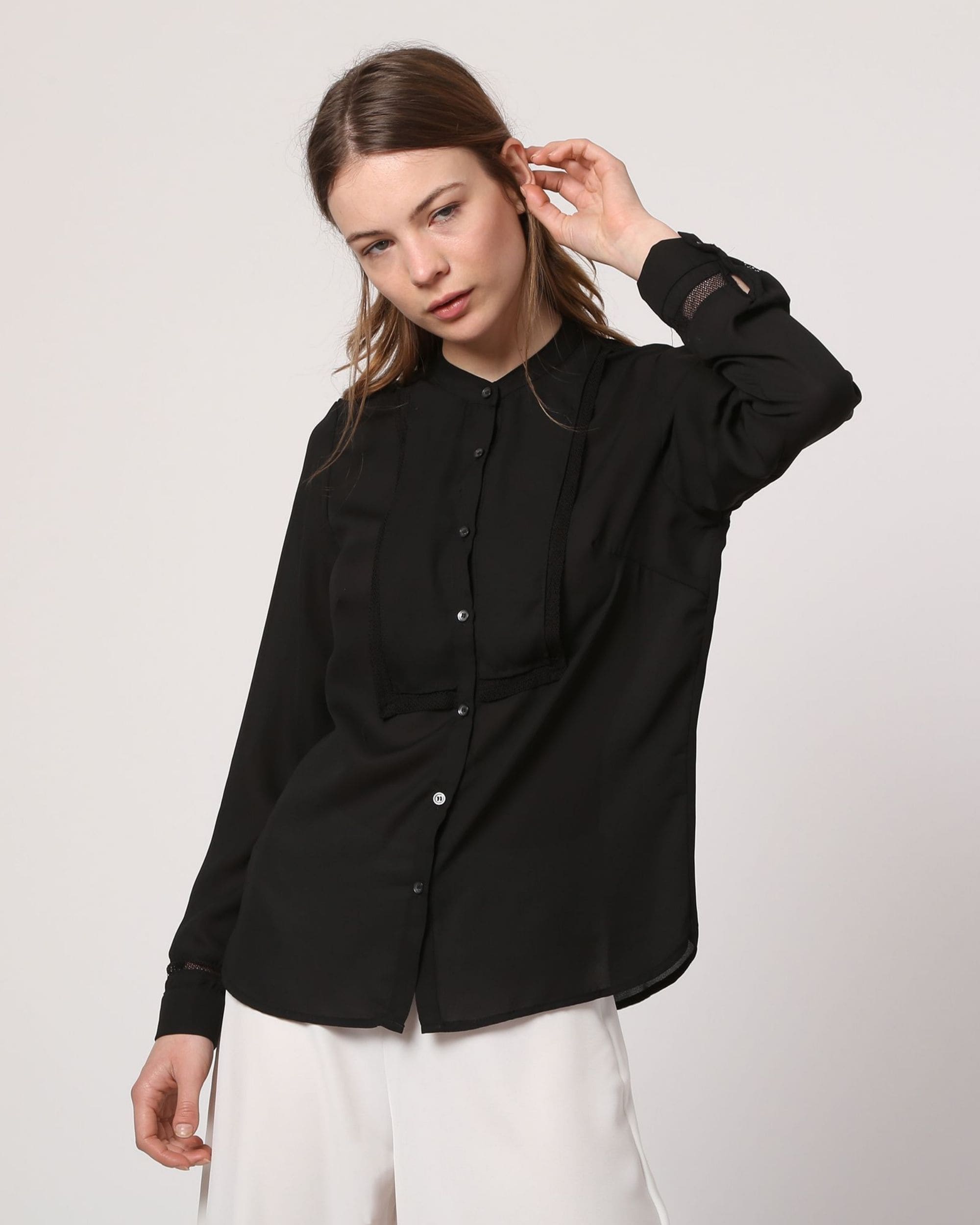 Camisa fluida mujer, blusa viscosa, bordado delantero, manga larga, botones, cuello redondo, estilo casual elegante, talla L, color negro, confortable y versátil ✅Entrega 24/48h