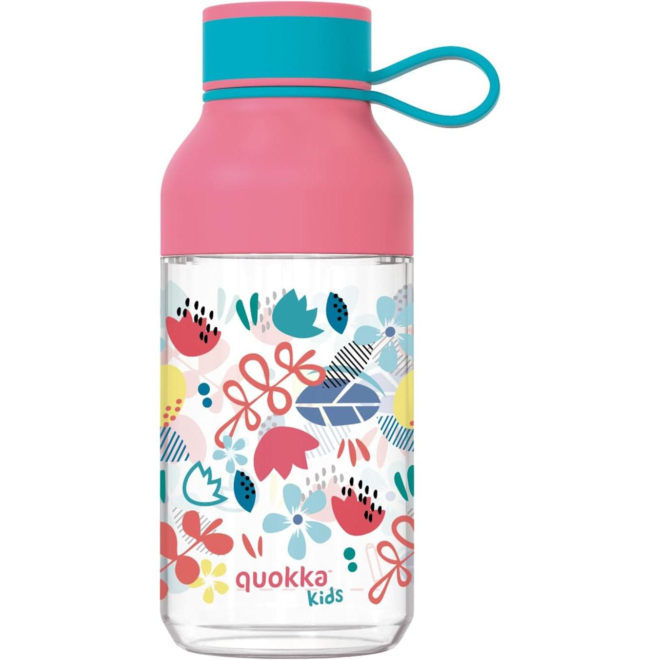Quokka Kids Ice Con Colgador - Flowers 430 ML | Botella de Agua Reutilizable de Tritan - Libre de BPA | Amplia Apertura para Rellenar y con tapón antigoteo