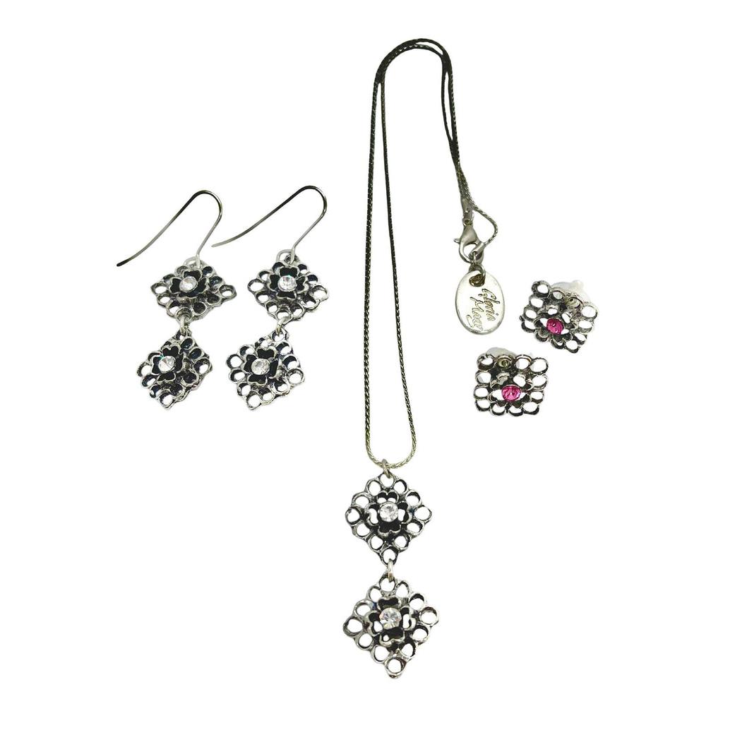 Conjunto reversible Collar y dos pares pendientes en plata 10µ y cristal SW Fuschia y Cristal