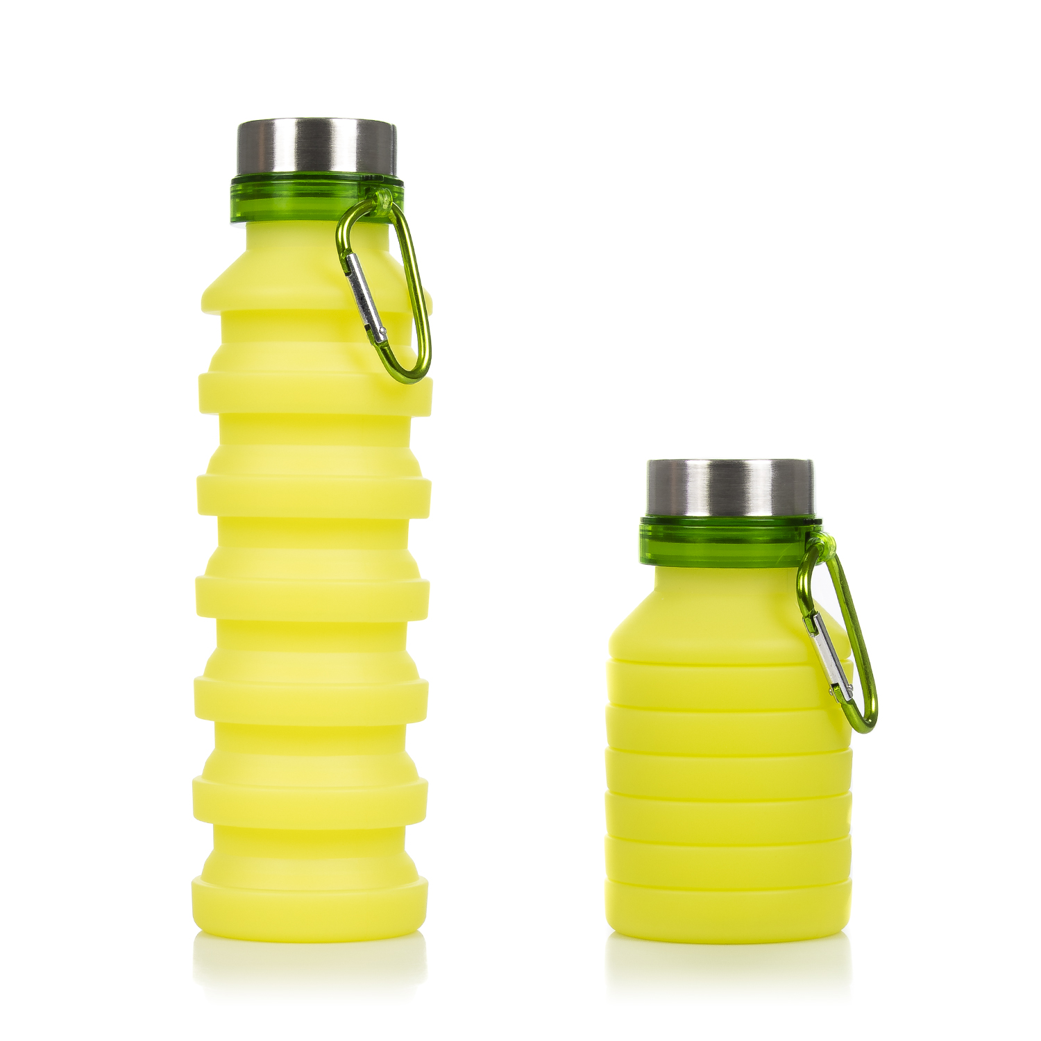 DAM. Botella deportiva plegable de silicona. 470 a 550ml, libre de BPA, tapón de rosca de acero inoxidable. 7x7x24 cm.