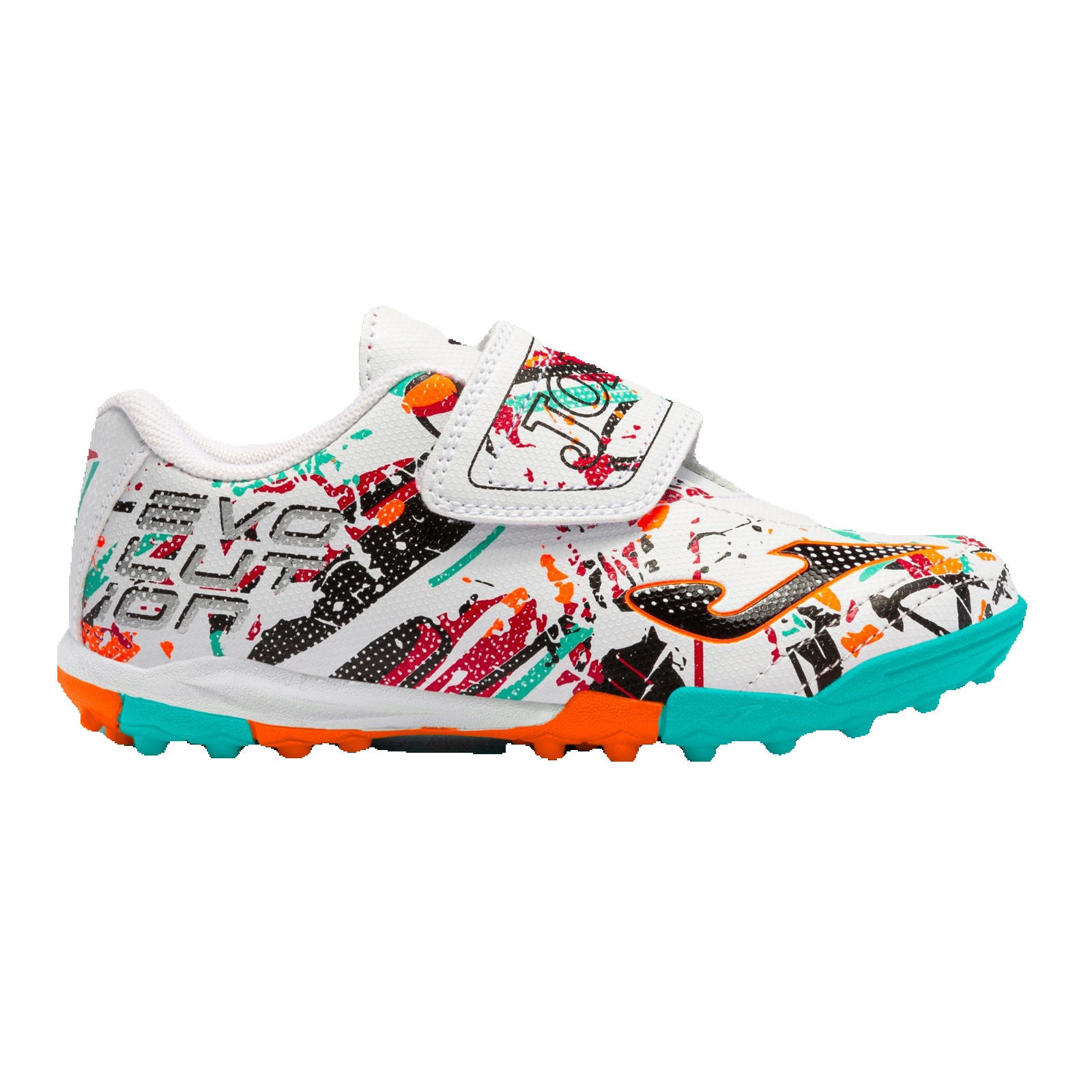 ZAPATILLA JOMA EVOLUTION JR 2302 TURF EVJW2302TFV | FÚTBOL NIÑO | CÉSPED ARTIFICIAL | BLANCO – NARANJA – TURQUESA