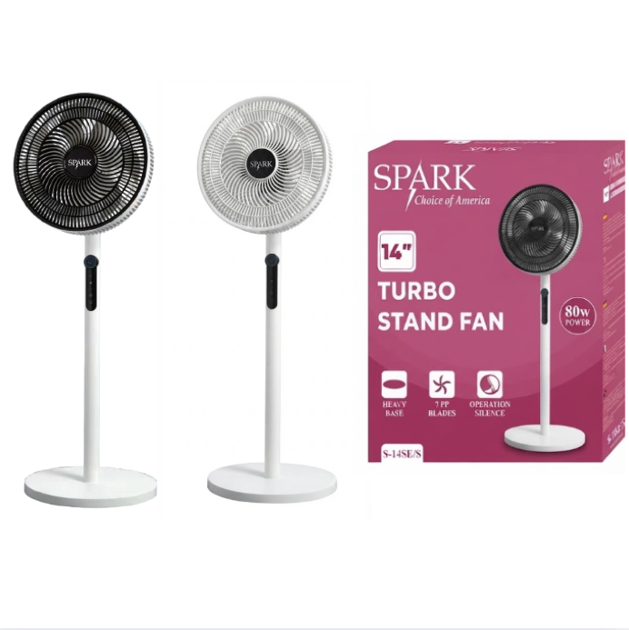 Ventilador de Pie Turbo SPARK 14" (80W) – 7 Aspas, Silencioso, Control de 3 Velocidades y Altura Ajustable (Negro / Blanco)