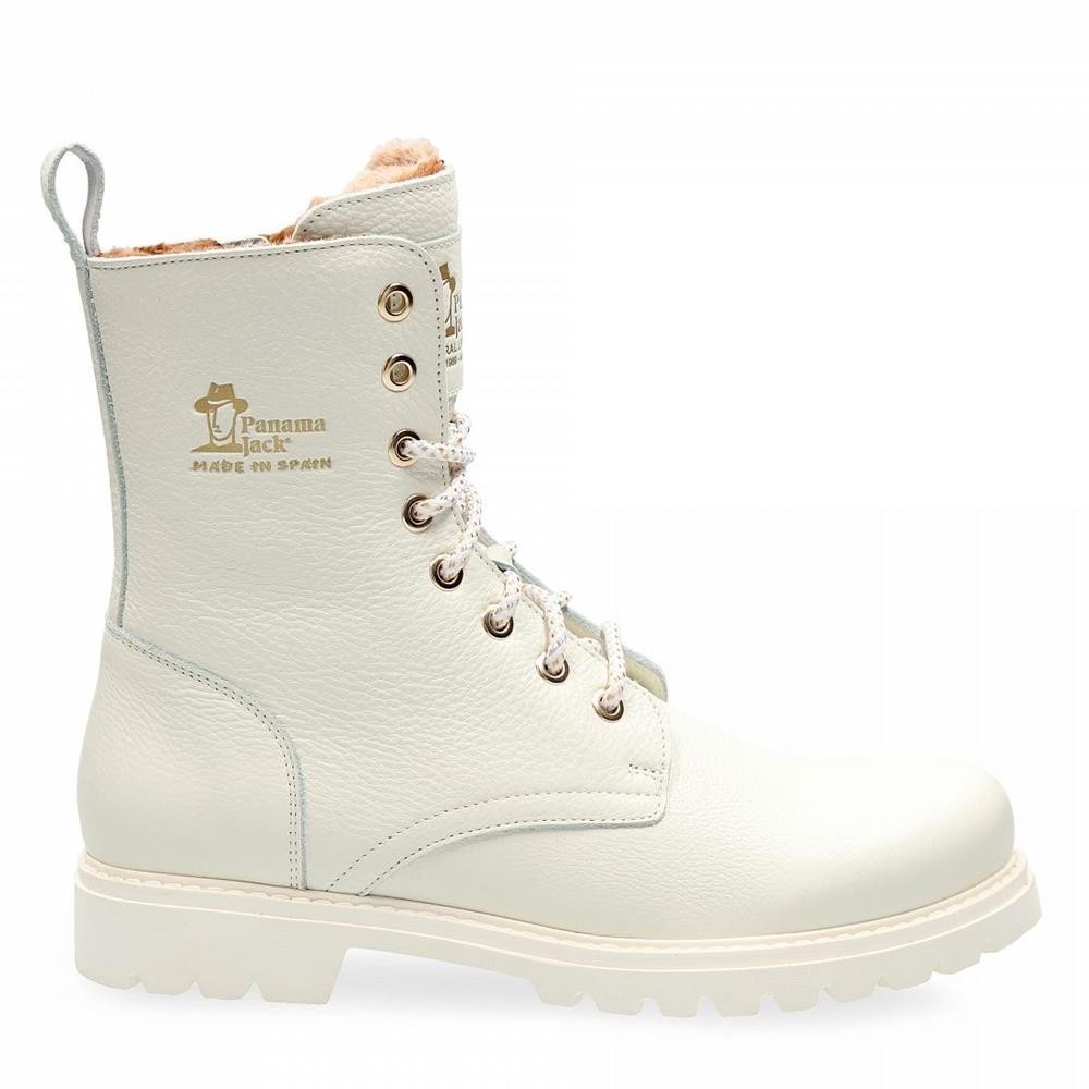 Cómoda Botín mujer de Panama Jack Frisia B1, en piel WATERPROOF blanca repelente al agua. Ajuste con cremallera. Forro pelo. Cómodo piso plataforma antideslizante. Altura 3 CM Referencia FRISIA-B4-BLANC
