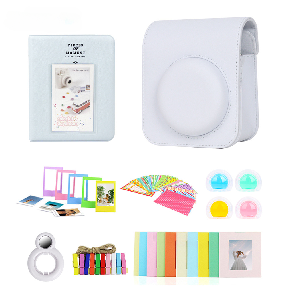 TK Bolsa de Cámara de Cuero con 7 Partes para Fujifilm Instax Mini 12 Funda de Protección de 64 Bolsos with Marco de FotoEspejo de Auto-retroFiltros de Lente