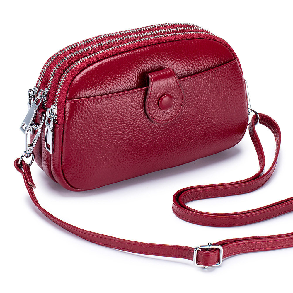 Bolso bandolera pequeño de piel auténtica para mujer, 3 compartimentos con cremallera, 1 bolsillo frontal