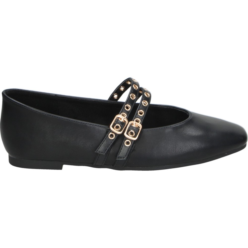 XTI | Bailarinas XTI para Mujer – Zapato Plano en Negro con Doble Cierre de Hebilla – Merceditas Estilosas – Cómodas y Combinables – Modelo 146405