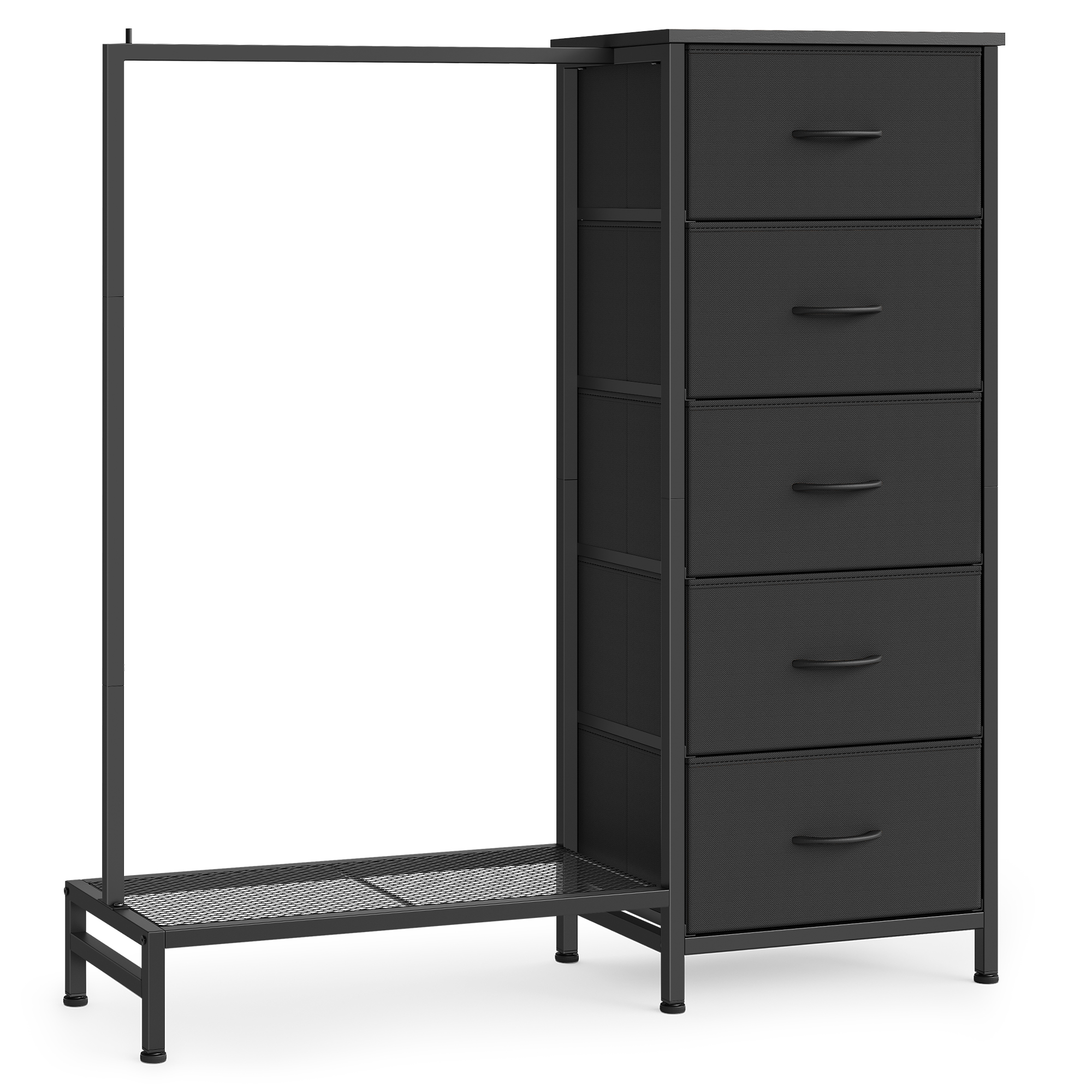SONGMICS Perchero Burro con 5 Cajones y Estante para Zapatos, Armario Abierto, 96,2 x 30 x 117,7 cm, Negro/Marrón Rústico/Blanco Nube
