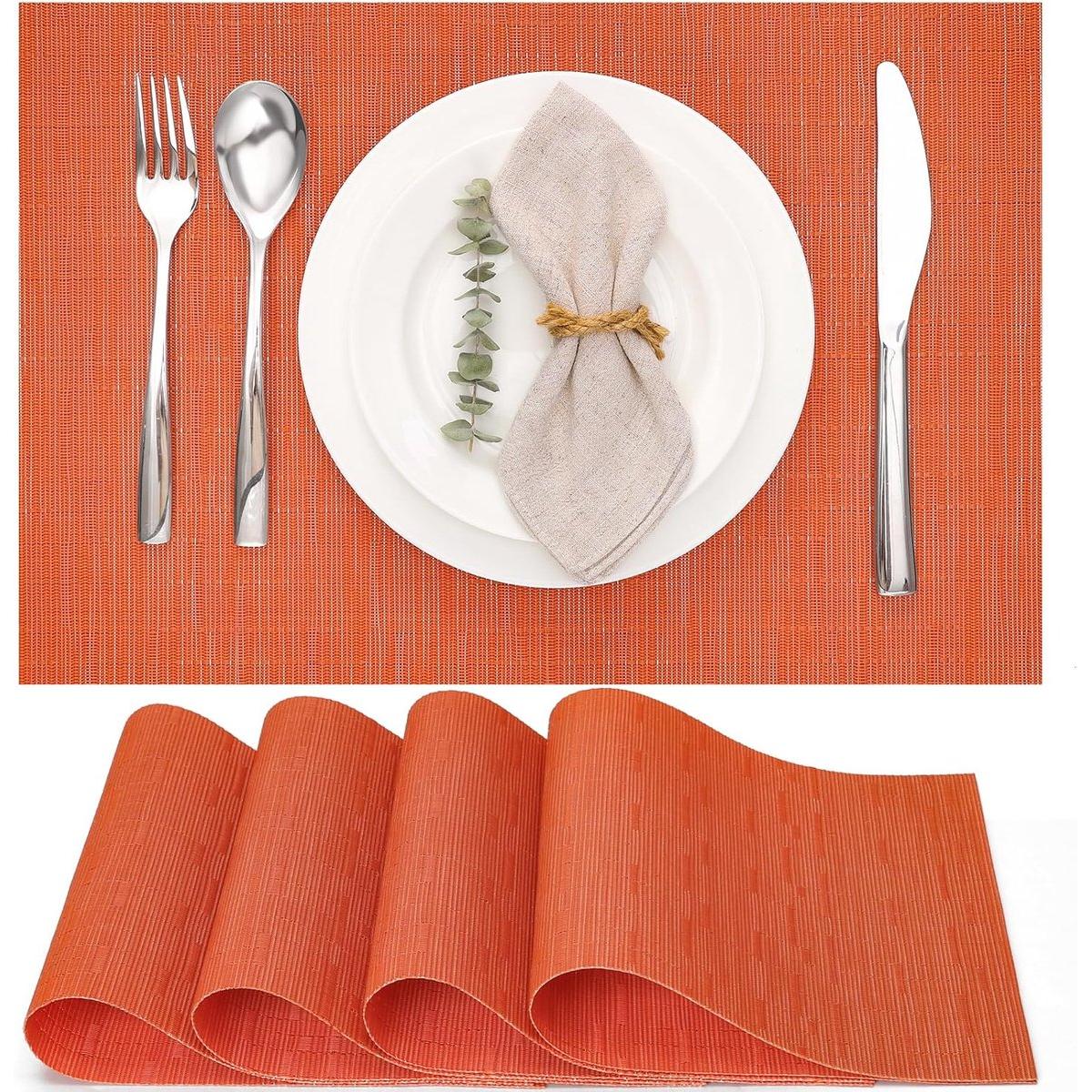 4-delige geweven placematset, wasbaar en oliebestendig, geschikt voor keukens of eettafels, hittebestendig en antislip, 30 x 45 cm, oranje.