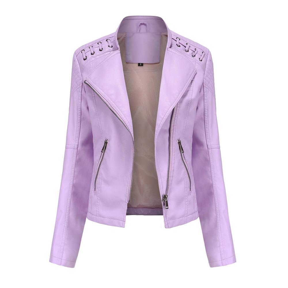 TK Chaqueta de cuero para mujer, estilo corto, corte ajustado, abrigo de cuero ligero, chaqueta de motociclista para mujer