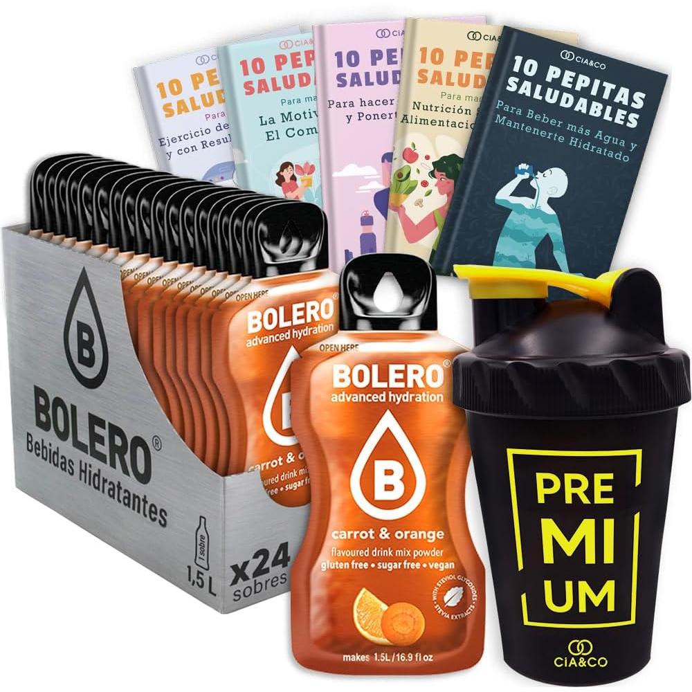 Pack completo Bolero Zanahoria y Naranja: 24 sobres de 9g sin azúcar con 50 Pepitas Saludables y un shaker mezclador de 500ml exclusivo de Cia&Co.