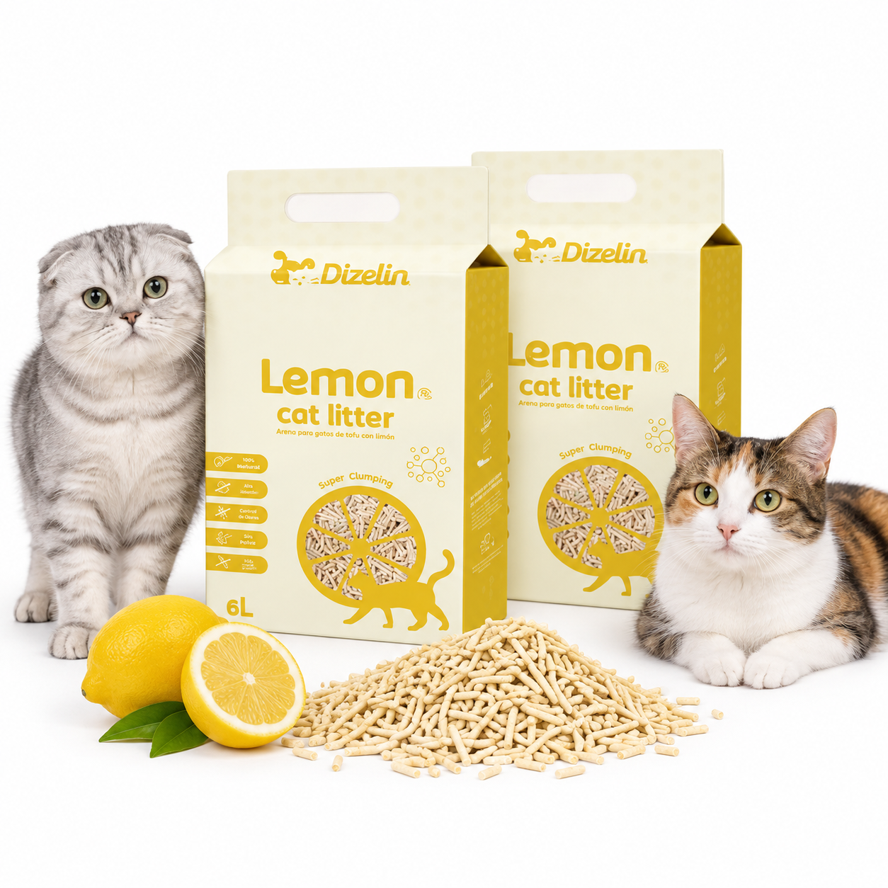 Dizelin Arena para Gatos de Tofu Natural Aroma Limón 6L x 2/4/8 Bolsas, Lecho Vegetal Aglomerante, Sin Polvo, Absorbente y Control de Olores