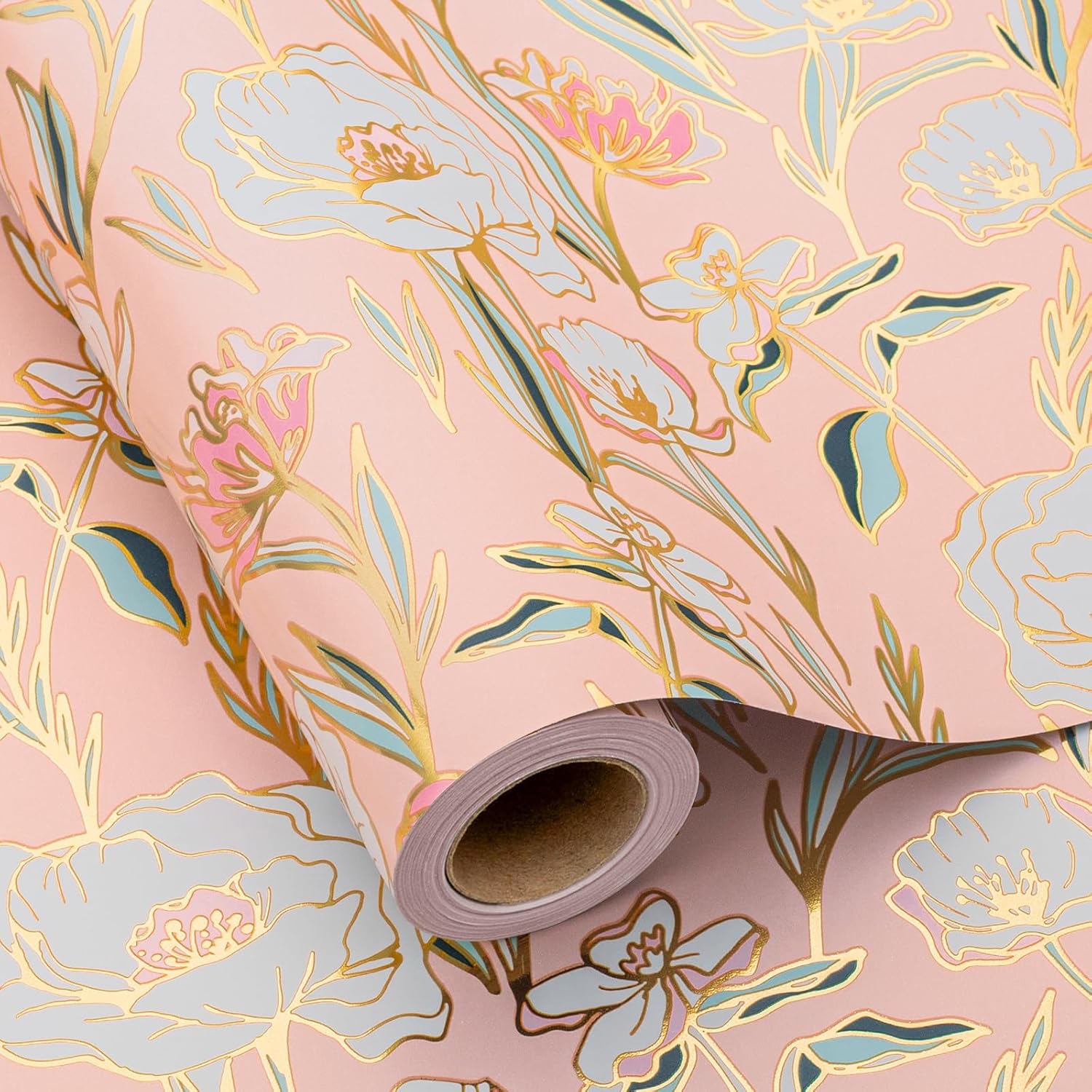 Papel de Rego de Flores Rosas, 43 cm x 10 m, elegant PAPEL DE Giano floral Dorado brilliant para cumpleaños, Boda, Día DE LA Madre, Día de San Valentín