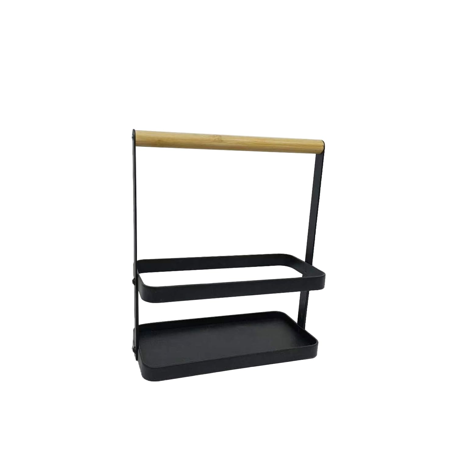 LIN HOME XZ-22303-1L Cesta de Almacenamiento 2 Niveles con Asa de Madera - Organizador Portátil Metal Negro