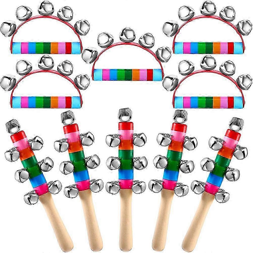 TK 10 Pcs Hand Bells Rainbow Handle Sleigh Bells Handhold Wooden Bells Jingle Stick Shaker Rattle Musi