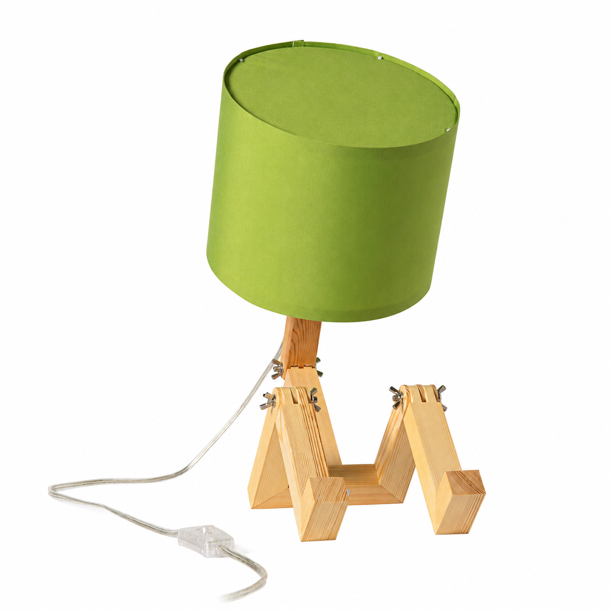 ALPINALUZ Lámpara de Mesa de Madera Articulada con Pantalla Textil Verde, Diseño Muñeco, Casquillo E27 para Escritorio y Dormitorio