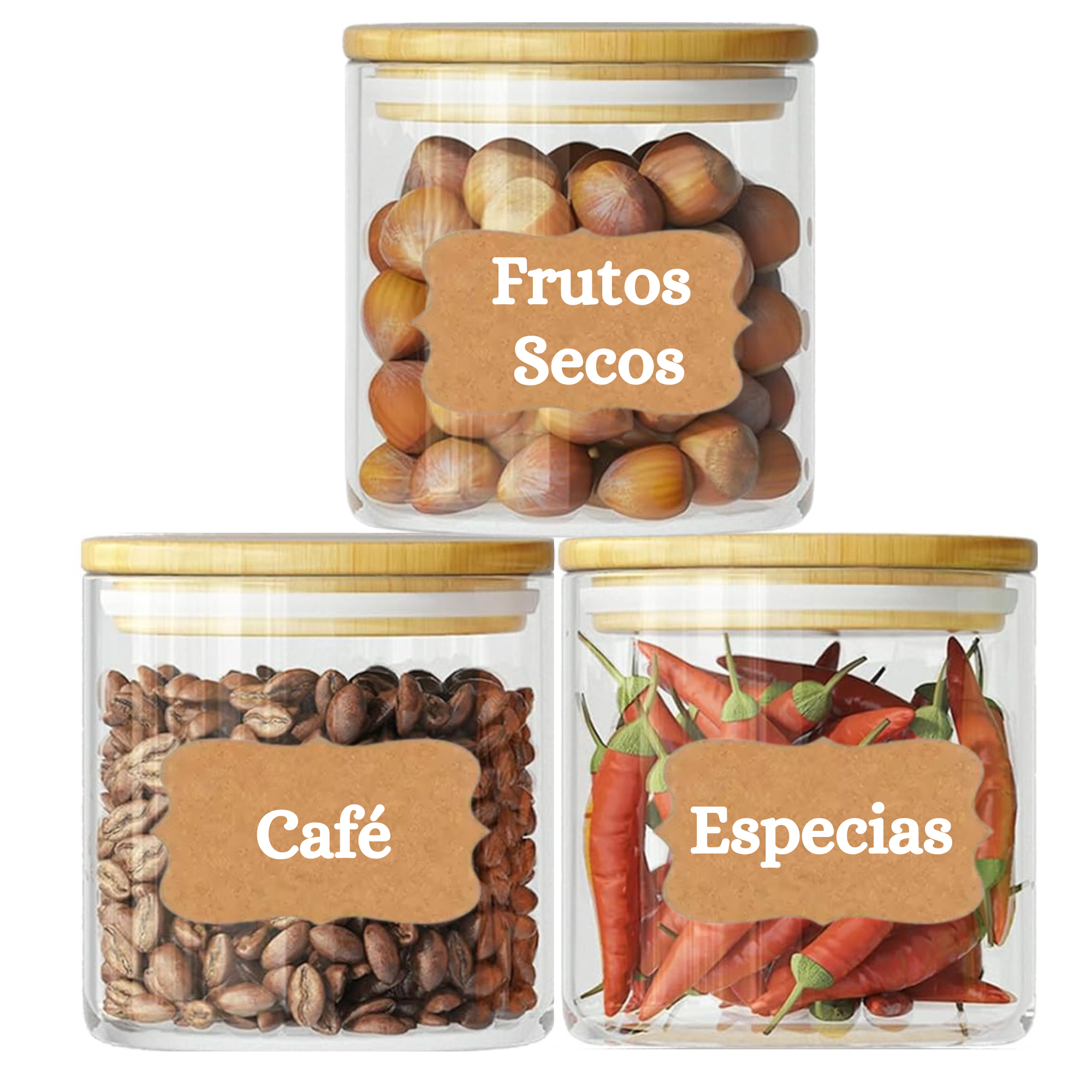 3 Tarros de Cristal con Tapa de Bambú – Herméticos y Resistentes, para Almacenaje de Pasta, Arroz, Especias y Alimentos Secos, Vidrio de Borosilicato Reforzado, Transparentes y Elegantes - Incluye Etiquetas