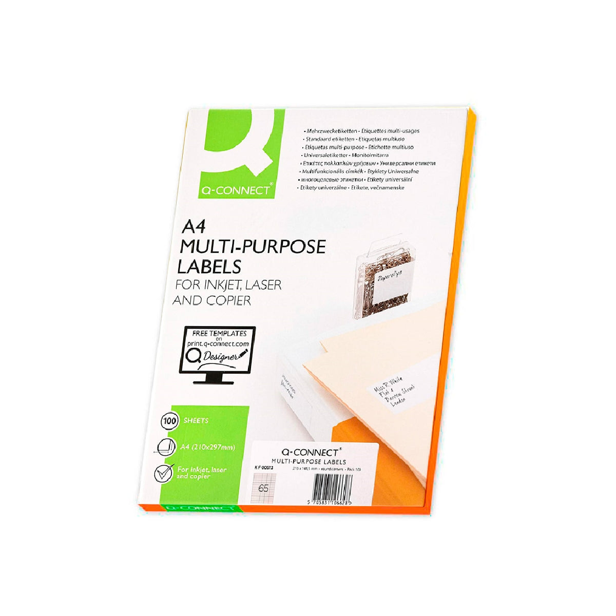 Q-CONNECT KF00573 - Caja 100 Hojas DIN A4 de 65 Etiquetas Adhesivas 38.1x21.2 mm Copia Laser InkJet Blancas
