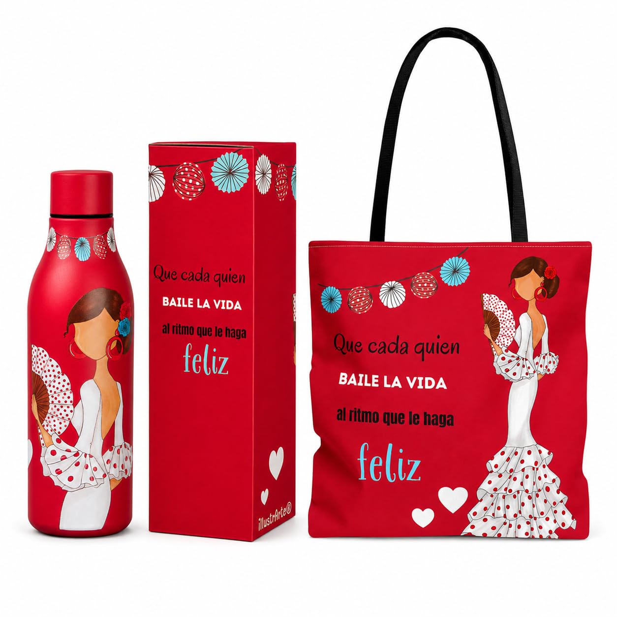 illustrArte Pack Botella Térmica + Bolso Tote Málaga Flamenca
