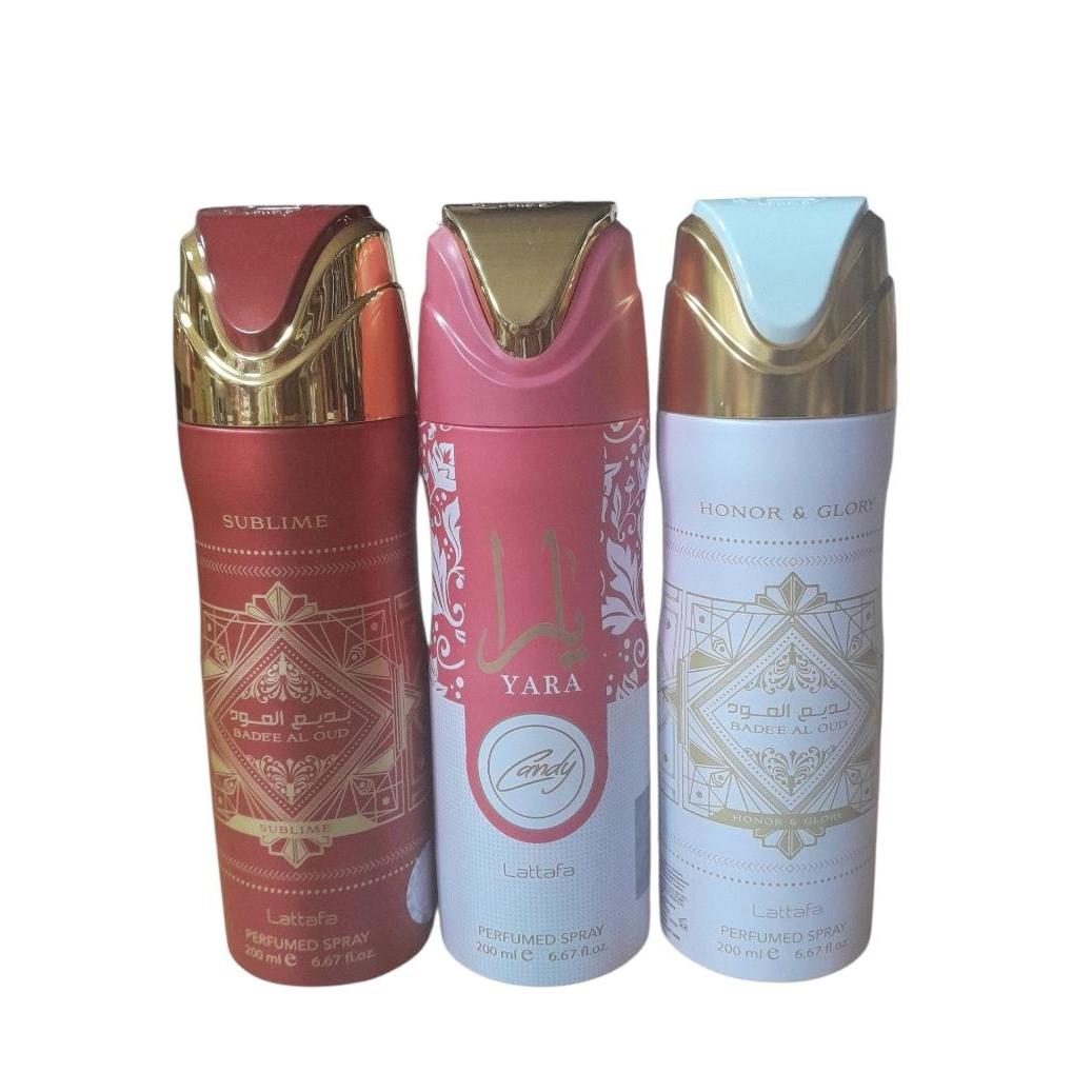 PACK 3 UNIADES - DESODORANTES PARA MUJER - YARA CANDY , BADEE ROJO 200 ML , BADEE BLANCO 200 ML - LATTAFA  SET 3 UNI