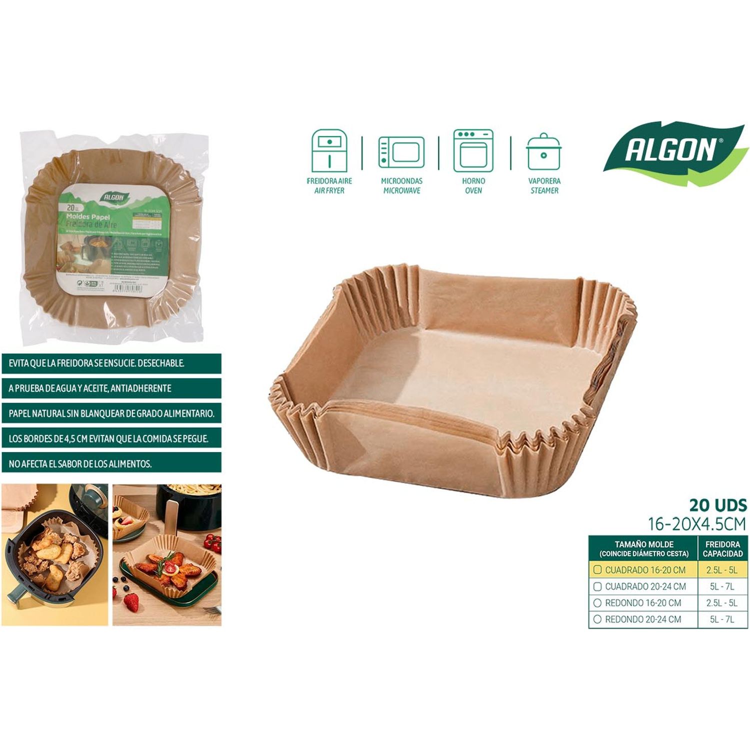 Algon - Base Papel Airfryer Cuadrado 20cm Set 20 unidades