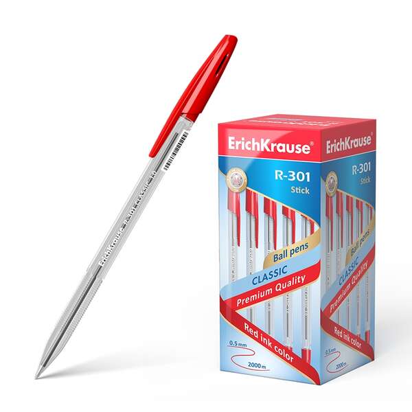 Erichkrause boligrafo r-301 classic stick 1.0 - cuerpo transparente hexagonal - punta de 1.0mm - tinta de secado rapido - color rojo (50 uds)