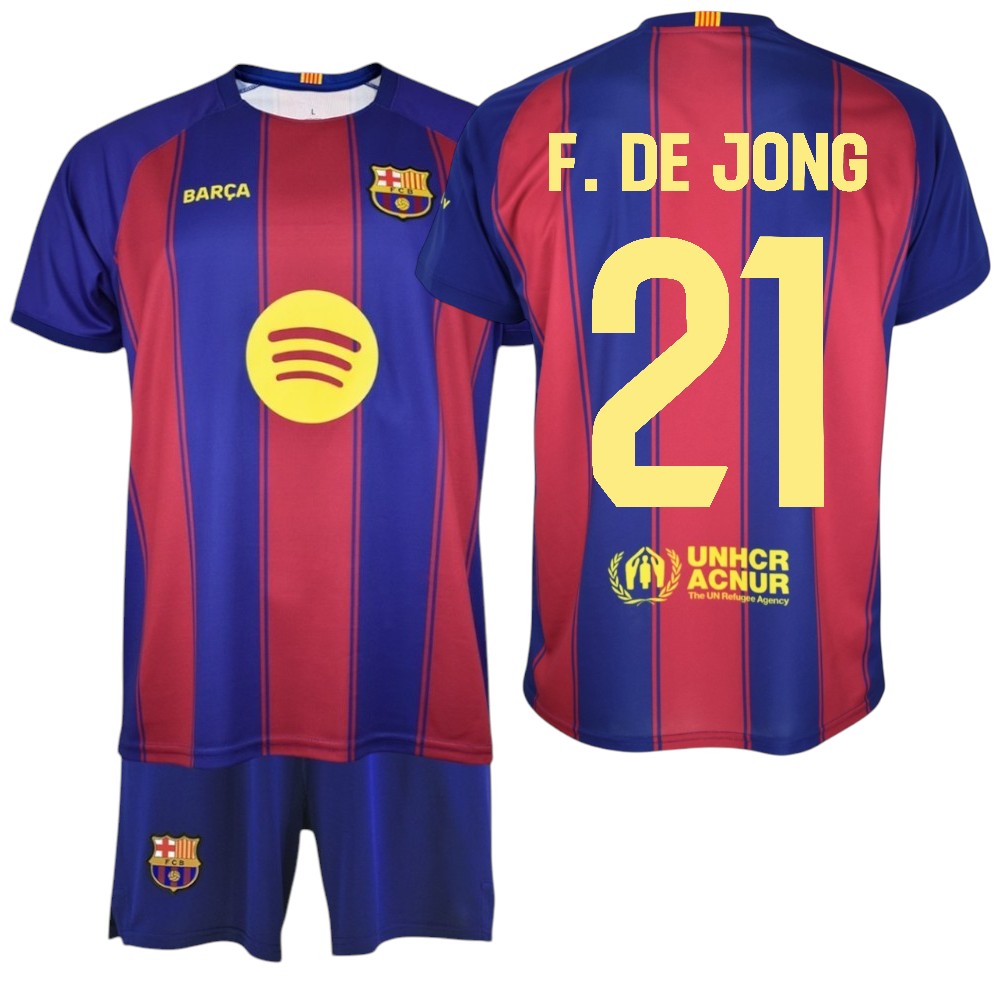 F.C Barcelona - Conjunto Camiseta y Pantalón Niño - Jugador F. DE JONG Nº21 - Diseño Blaugrana Clásico - Escudo Bordado - Tejido Transpirable - Ideal para regalo
