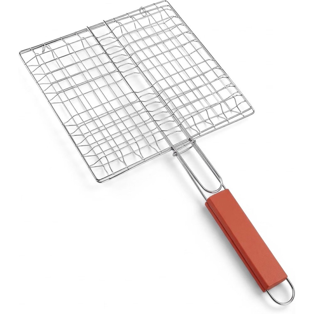 Parrilla para Barbacoa, parrillera, cocinar, carne, Canasta asado de Acero Inoxidable Plegable, Mango de madera (25x25-55cm) Coshano