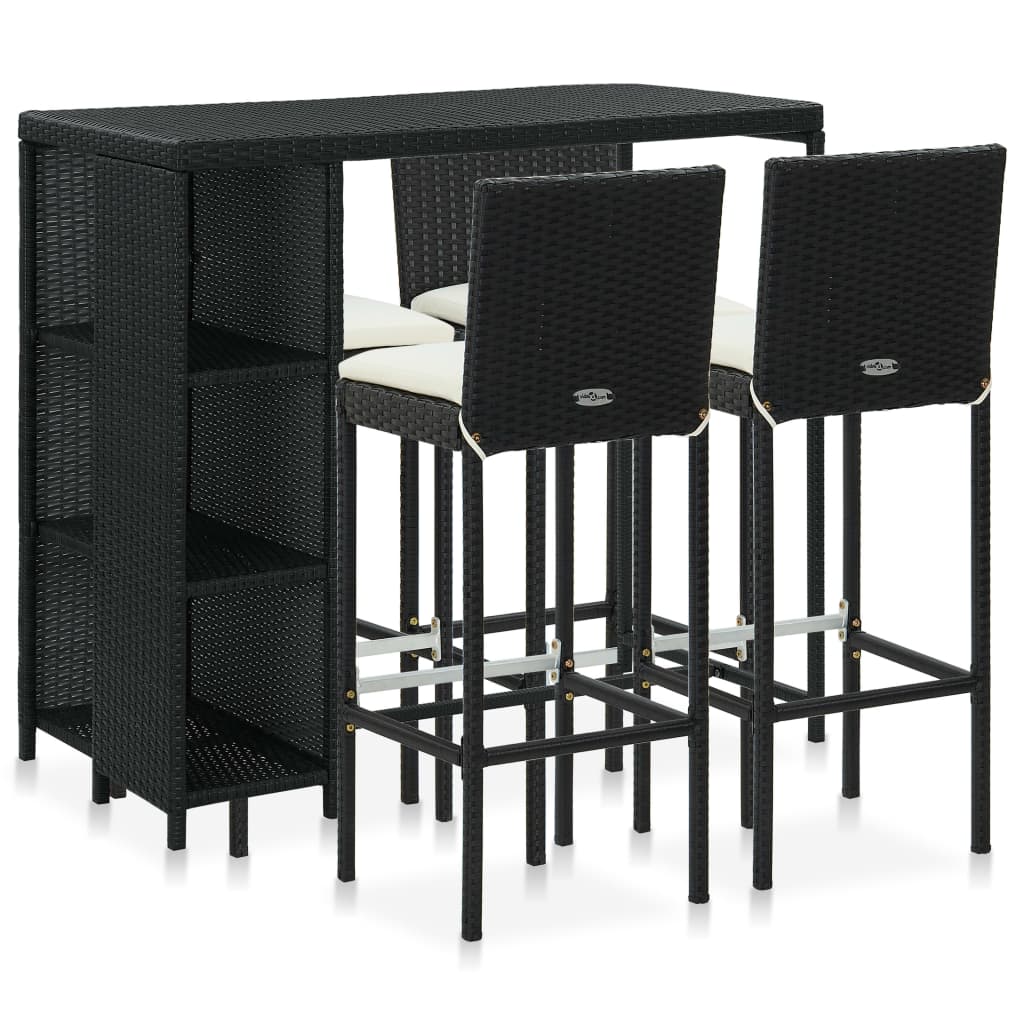 vidaXL Set de bar para jardín 5 pzas y cojines ratán sintético negro