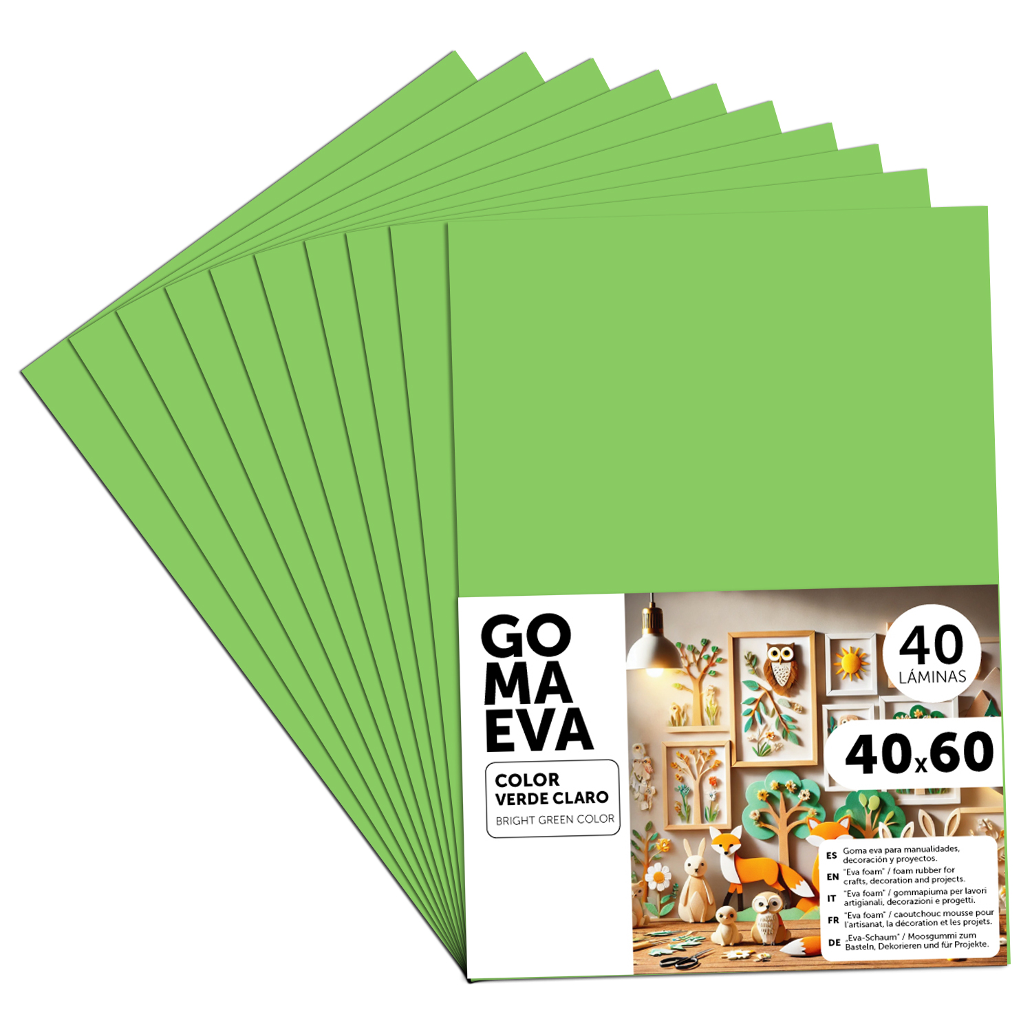 Goma Eva para Manualidades, Goma Espuma de Colores para Proyectos Creativos, Ideales para Artes y Manualidades, uso Escolar, Profesional o Artístico 40x60cm - m-office (Verde Claro, 40 uds)