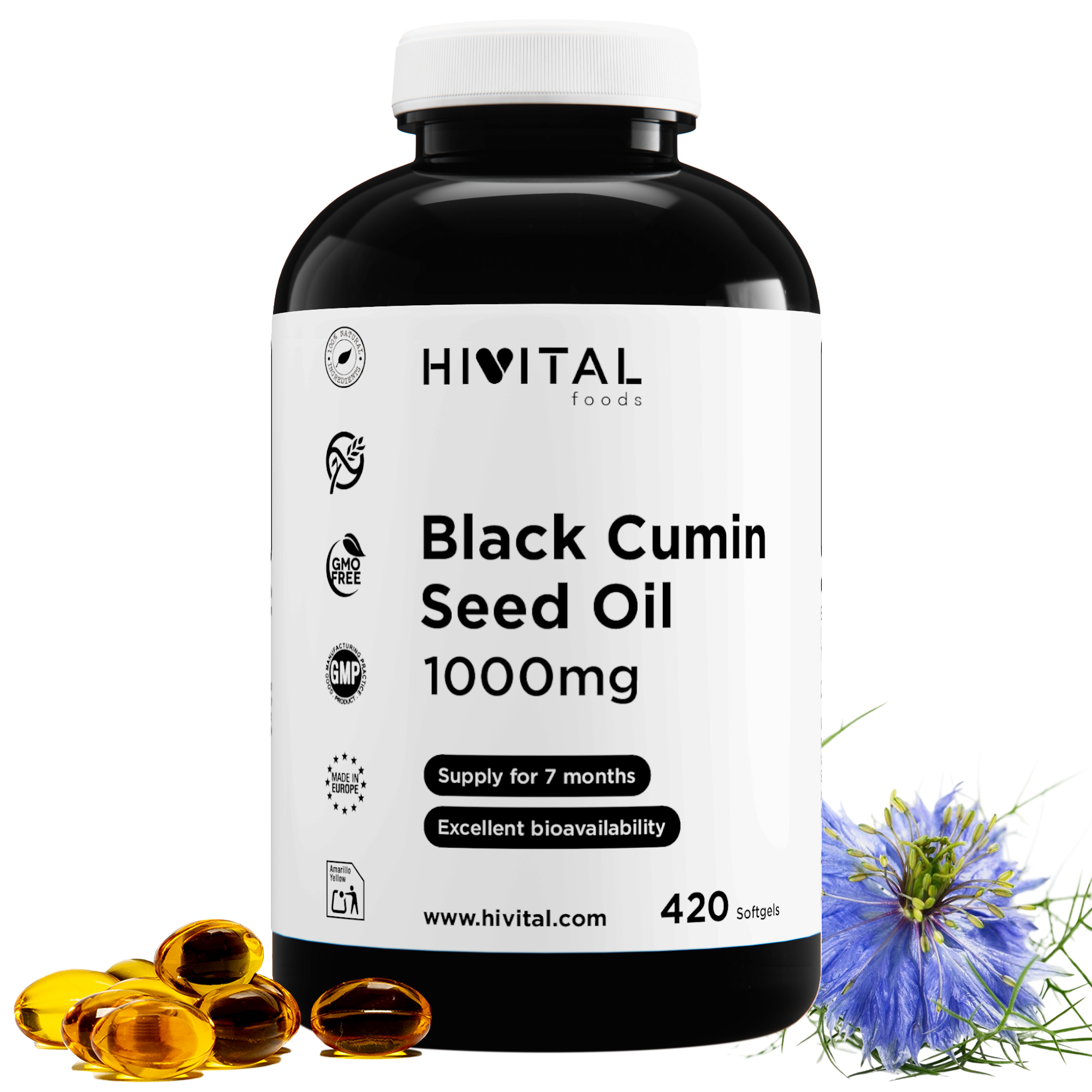 Aceite de Comino Negro 1000 mg | 420 perlas. Hivital