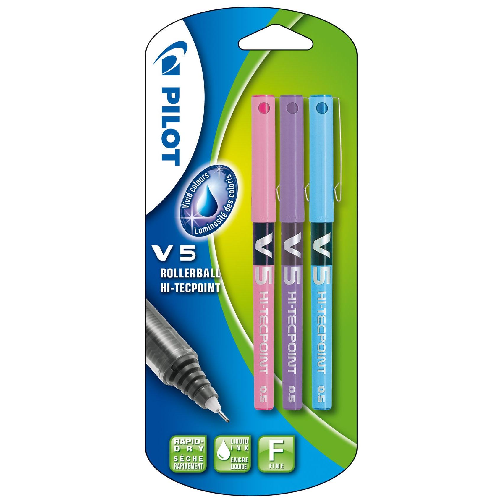 Pilot V5 - Bolígrafo roller (3 unidades), color rosa, morado y azul