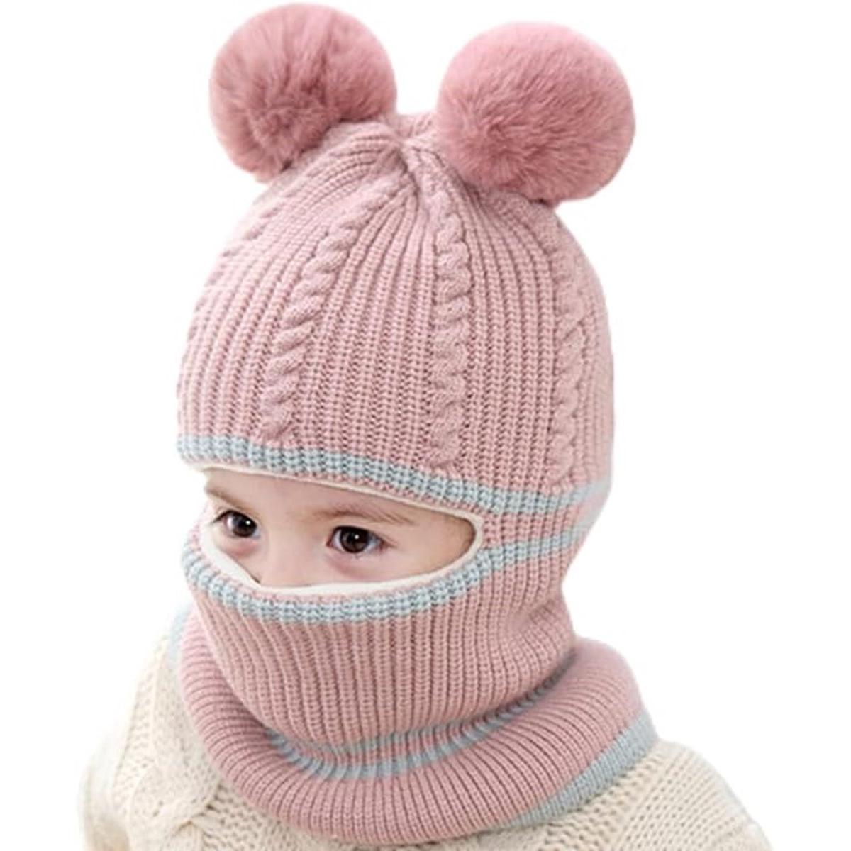 Kindermuts, warme wintermutsenset voor jongens en meisjes, 2-in-1 wintermuts en sjaal, gebreide babymuts, roze