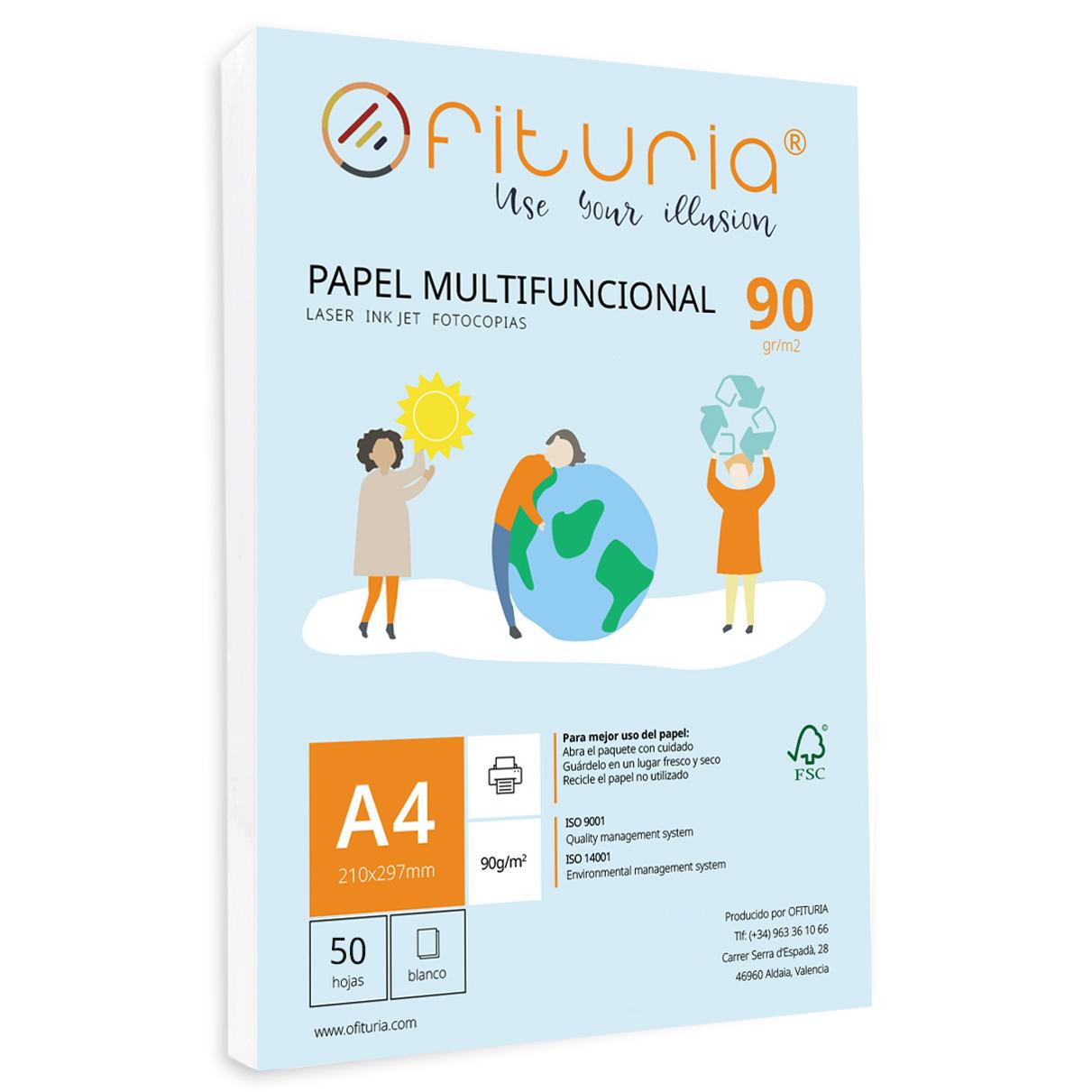Paquete de folios A4 de 90gr con 50 Hojas Blancas, Papel Multifuncional para Uso Escolar y Entornos Laborales. Ideal con impresoras láser, de inyección o fotocopiadoras - Ofituria