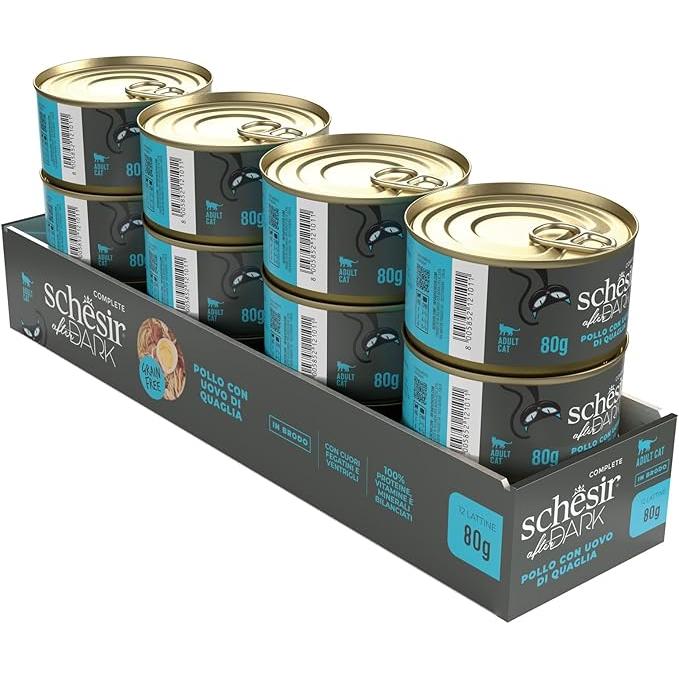 Schesir After Dark, Sabor Pollo y huevo de codorniz en caldo alimento húmedo Completo para Gatos Adultos (latas 12 de 80 g)