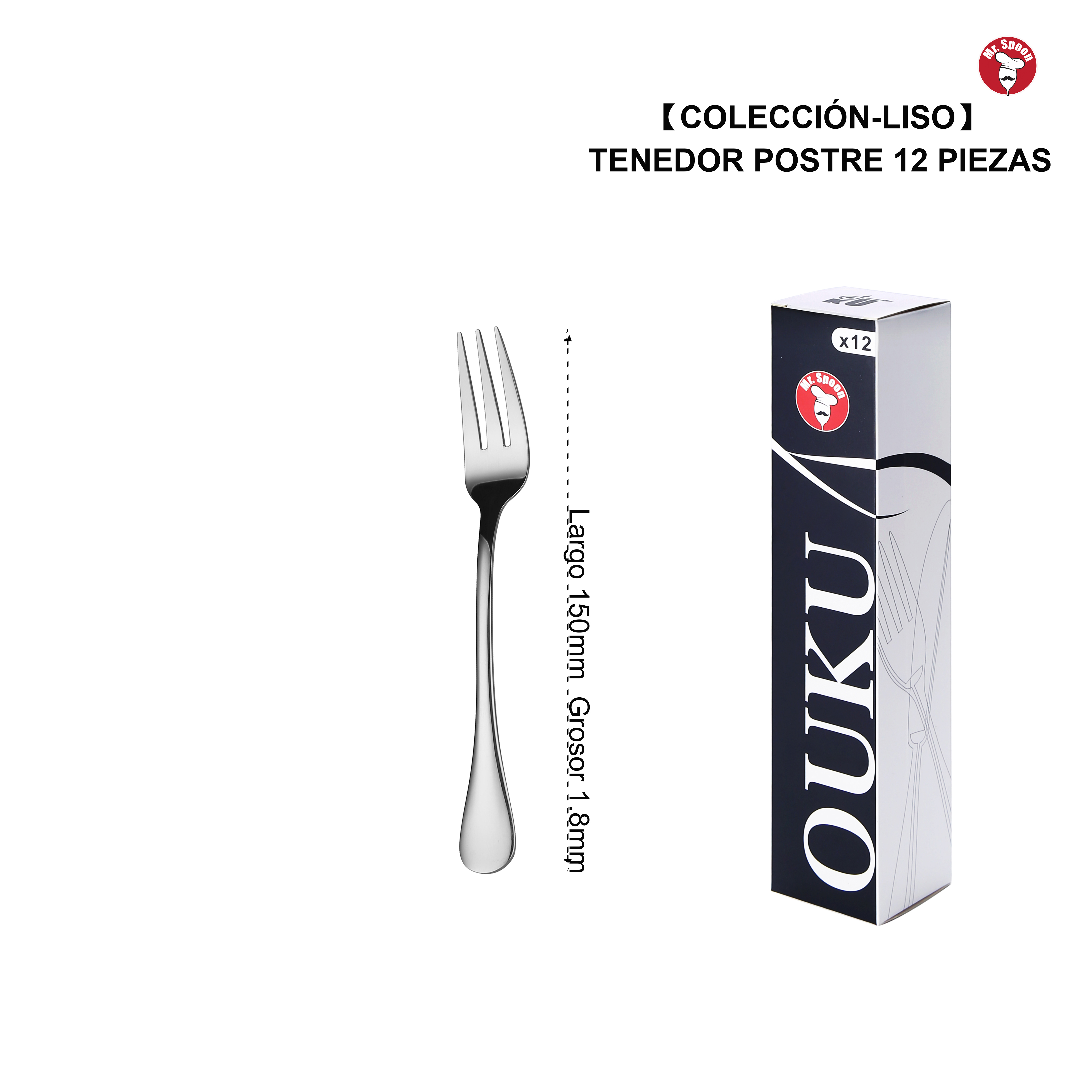 Mr.Spoon Serie Liso Tenedores de 12, 48 o 120 piezas,Acero inox18/0,Económico y funcional,Tenedor mesa 200mm,tenedor fruta 175mm,tenedor postre y aperitivo 150mm/135mm,Mango monobloque,Apto para lavavajillas,Empaque ecológico,Para casa,hotel,restaurante