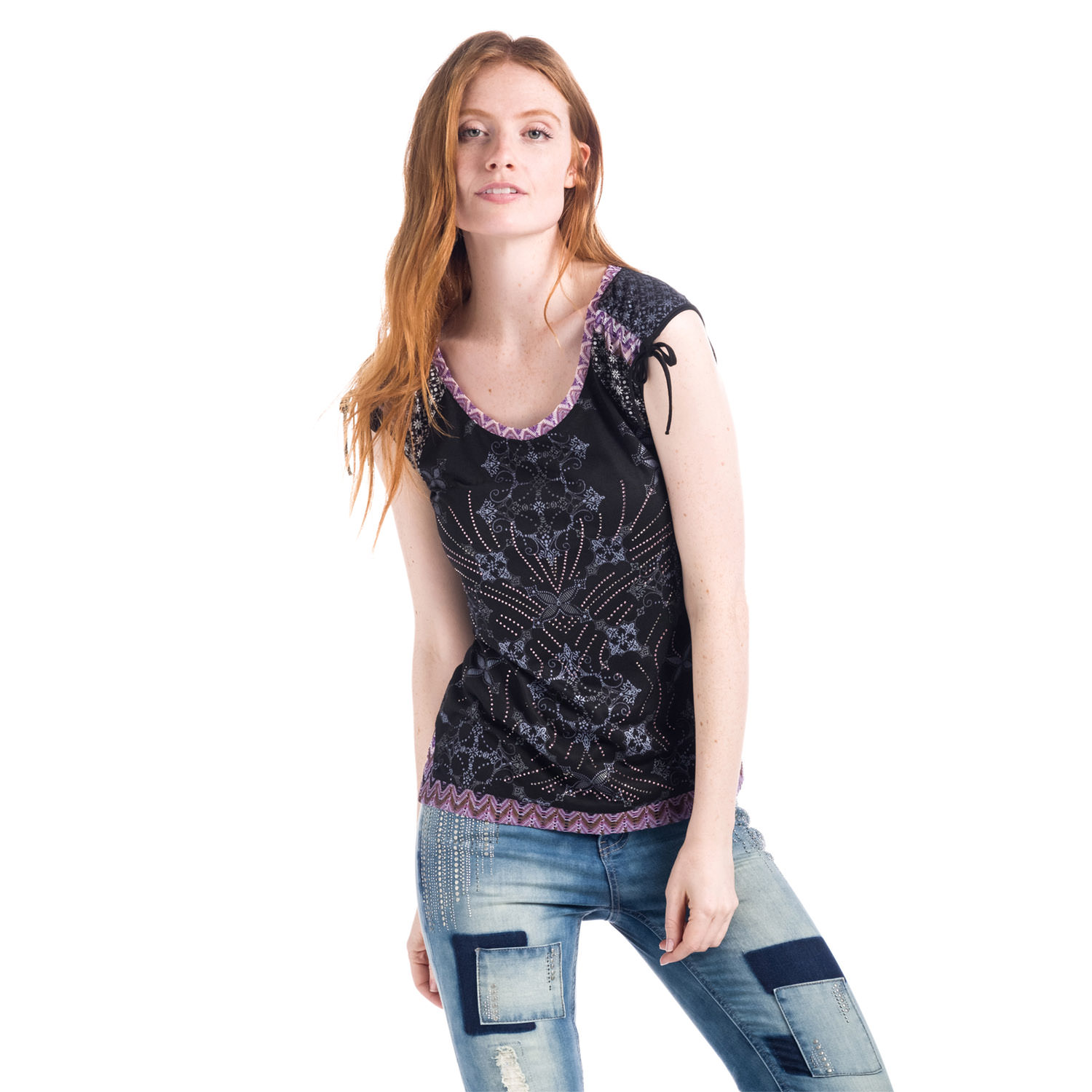 Koroshi - Top sin mangas estampado con lazos en hombros y mariposa trasera de viscosa, lila y aqua para looks verano e entretiempo