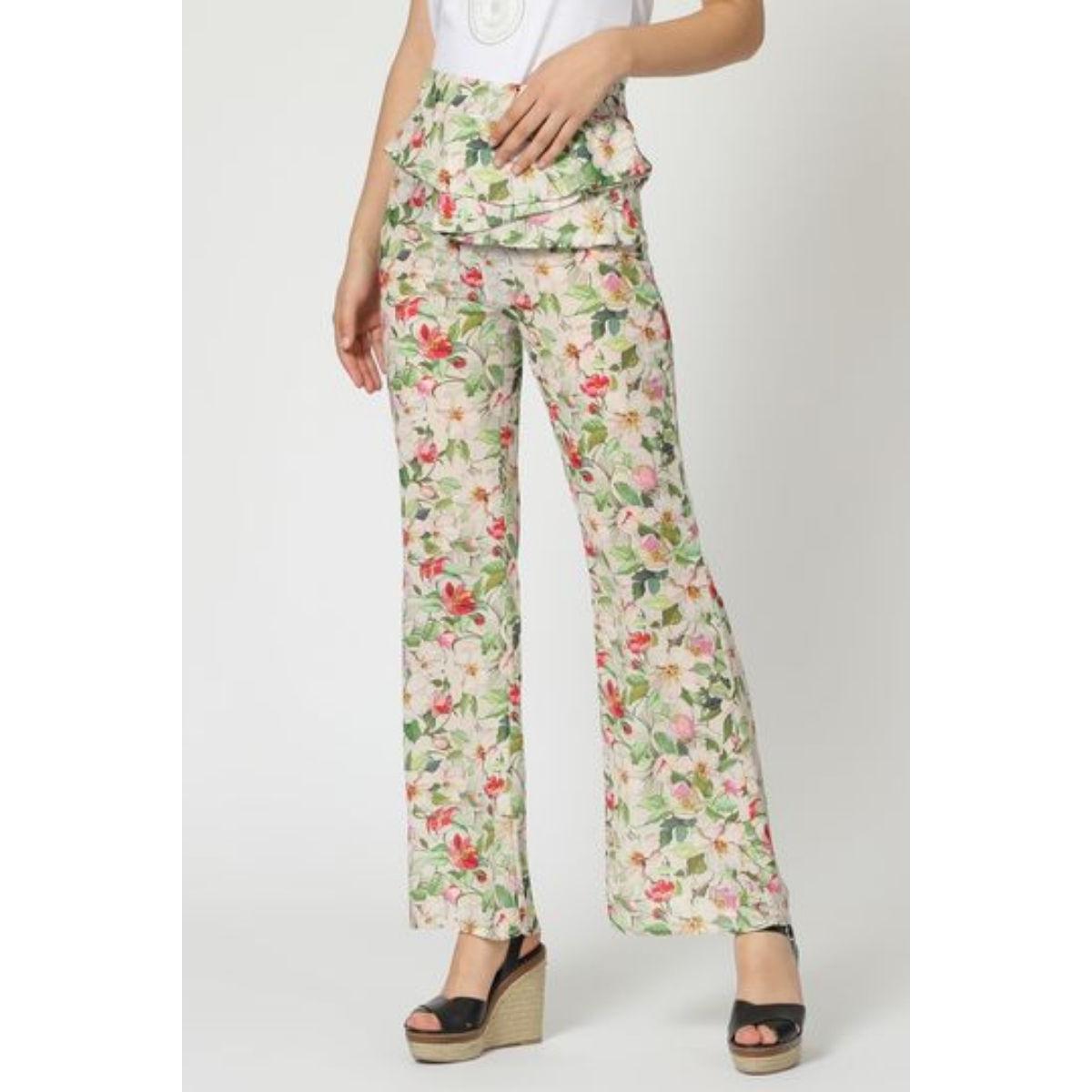 Pantalón mujer tejido fluido, corte recto, floral, decorado cinturón, estilo elegante, modelo AN-230198, talla 36, cómodo y versátil, color beige y multicolor ✅Entrega 24/48h